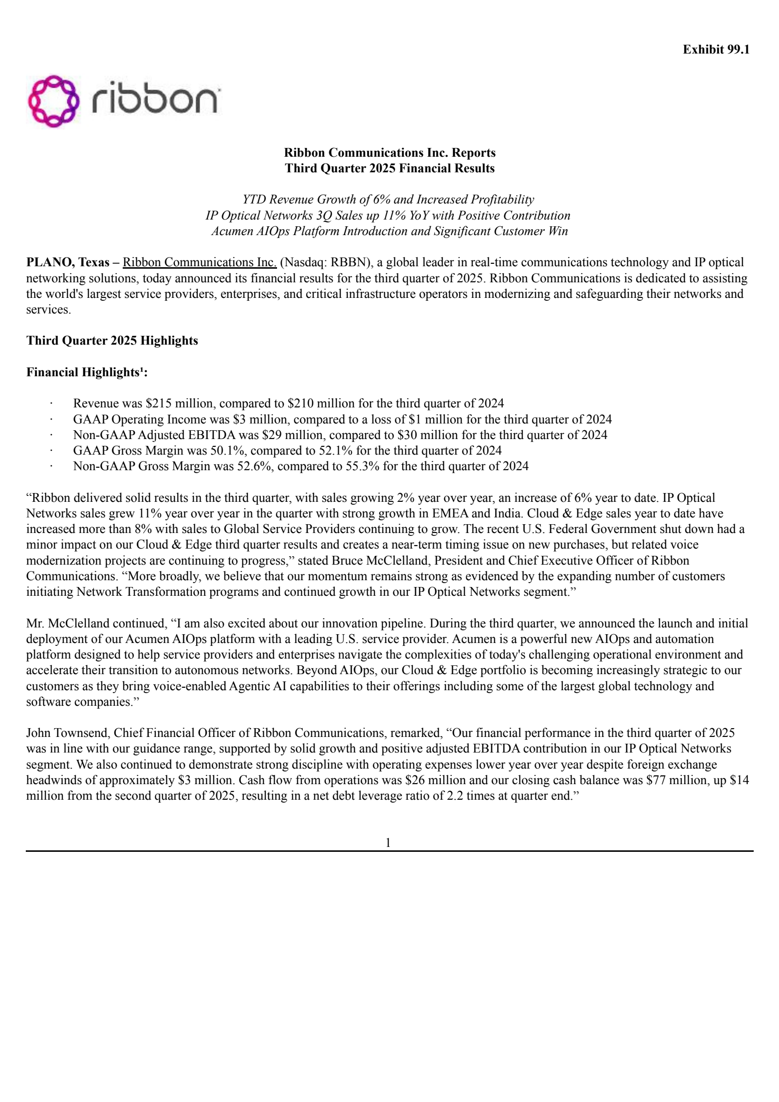 Ribbon Communications' Q3 2025 Earnings Release