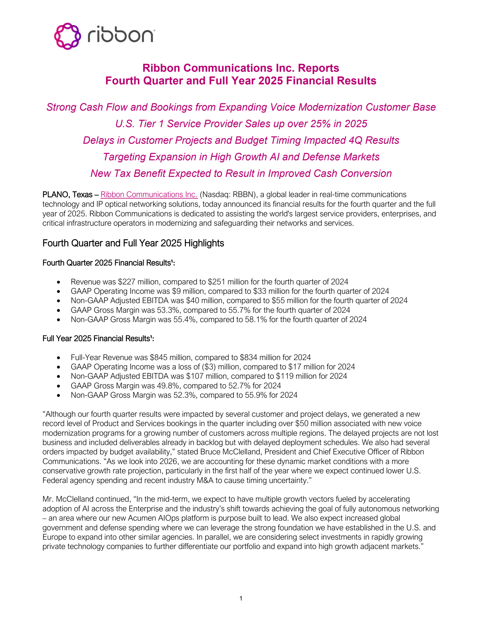 Ribbon Communications' Q4 2025 Press Release