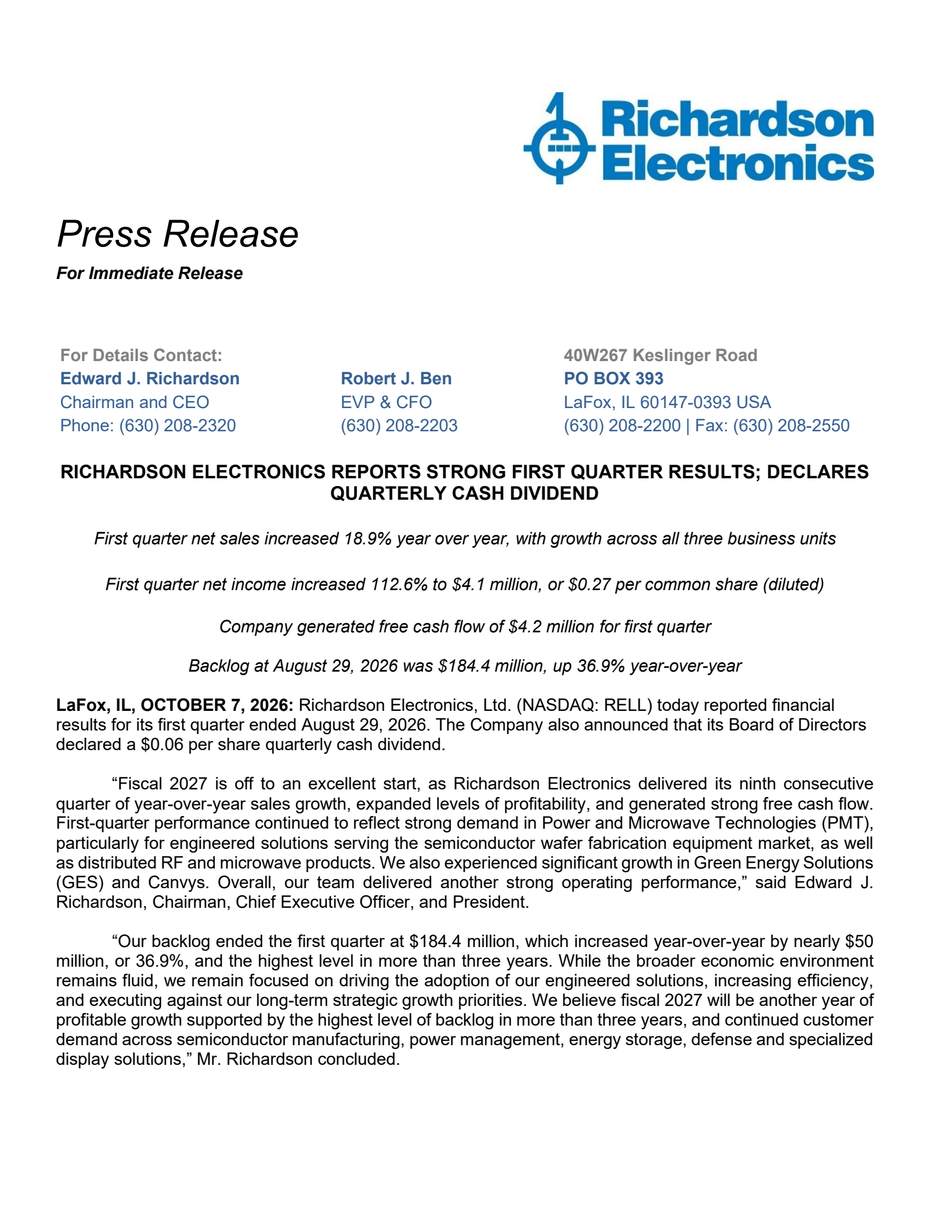 Richardson Electronics' Q1 2027 Press Release
