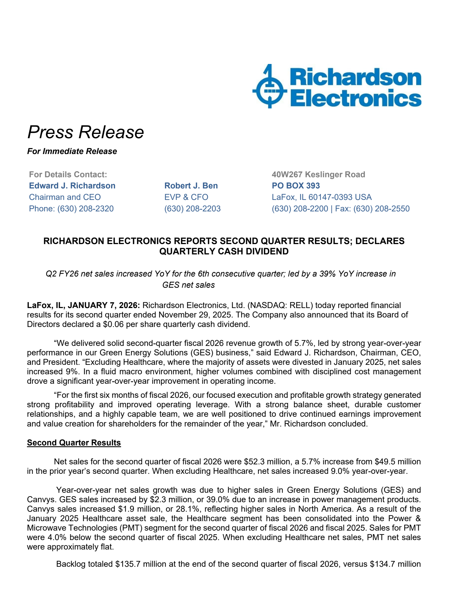 Richardson Electronics' Q2 2026 Earnings Release