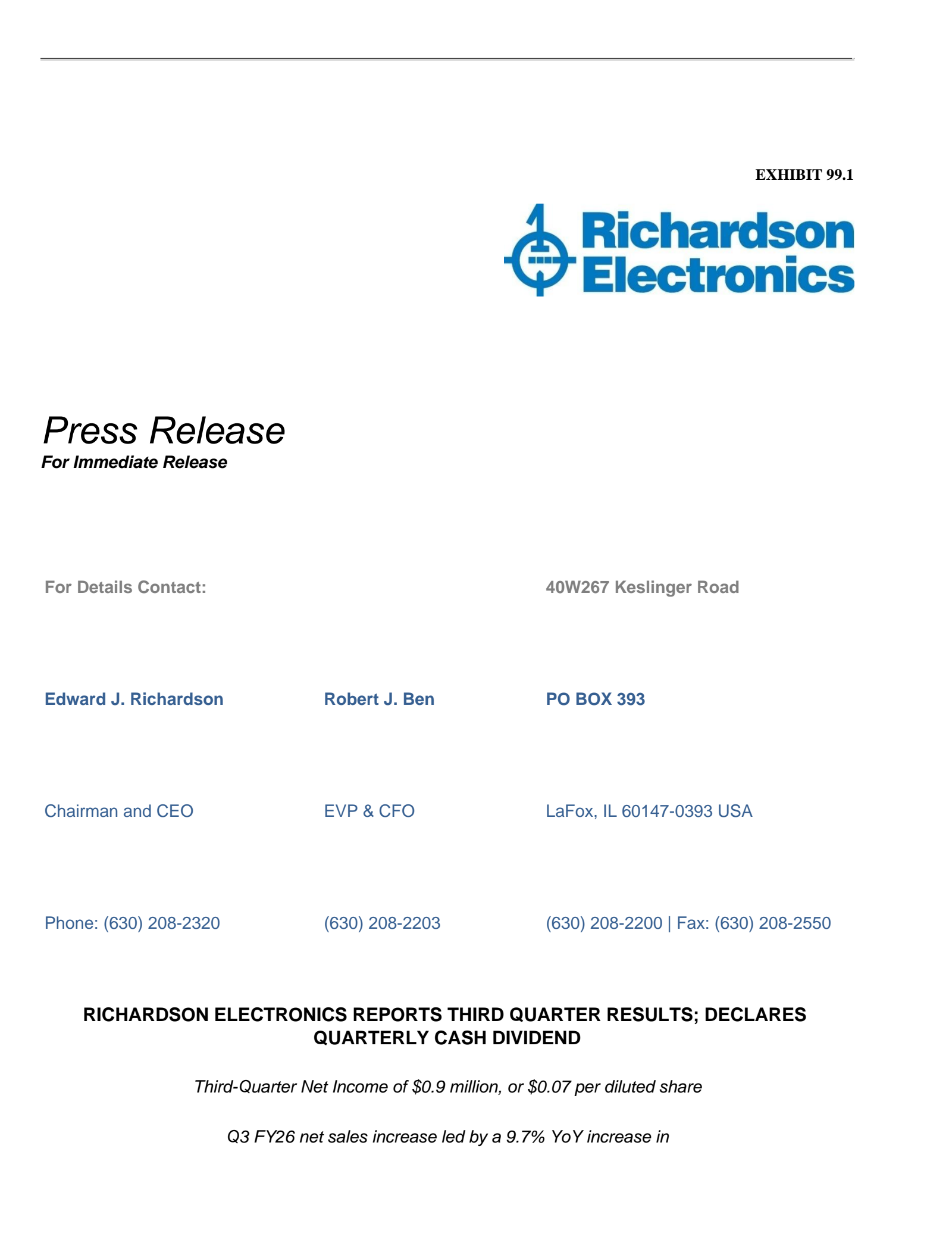 Richardson Electronics' Q3 2026 Press Release