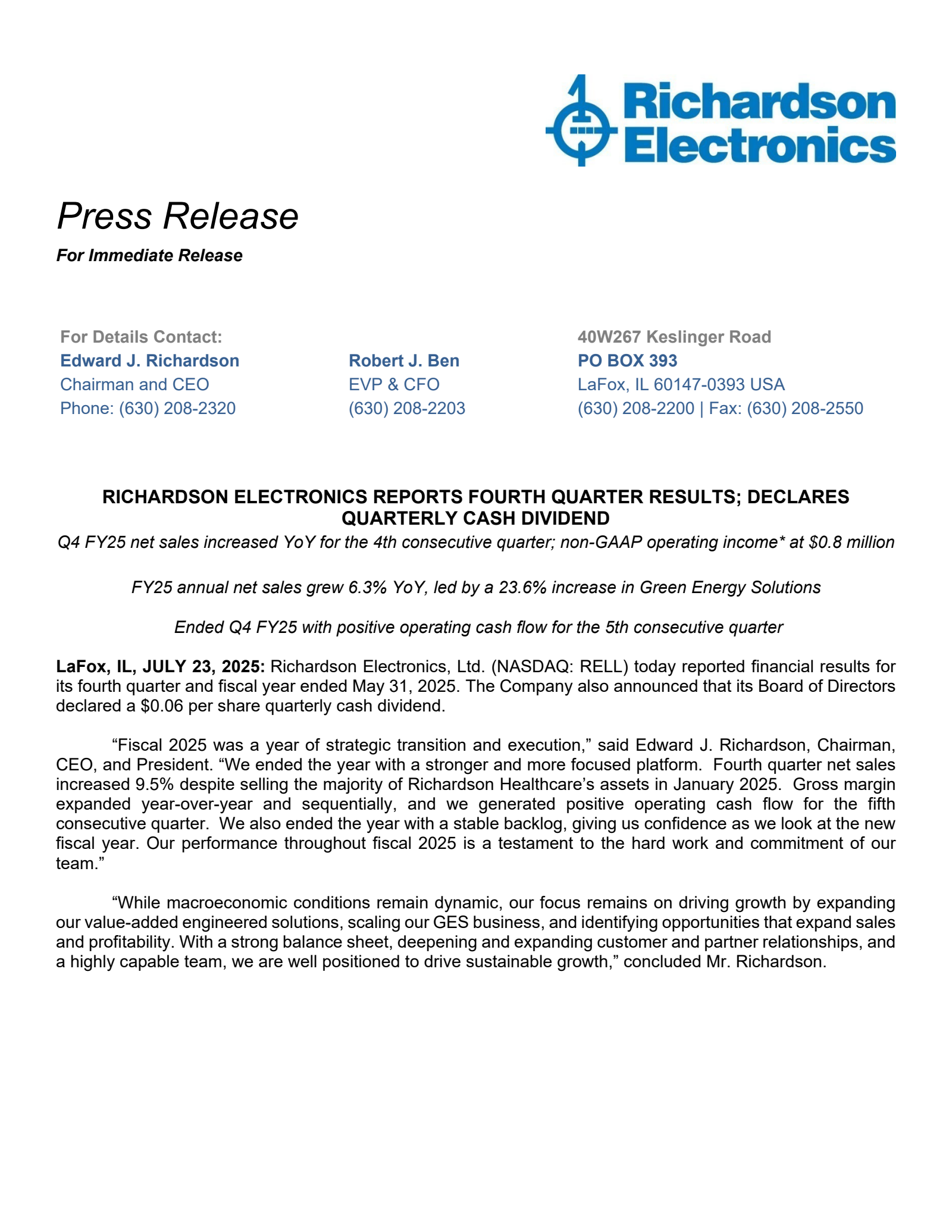 Richardson Electronics' Q4 2025 Press Release