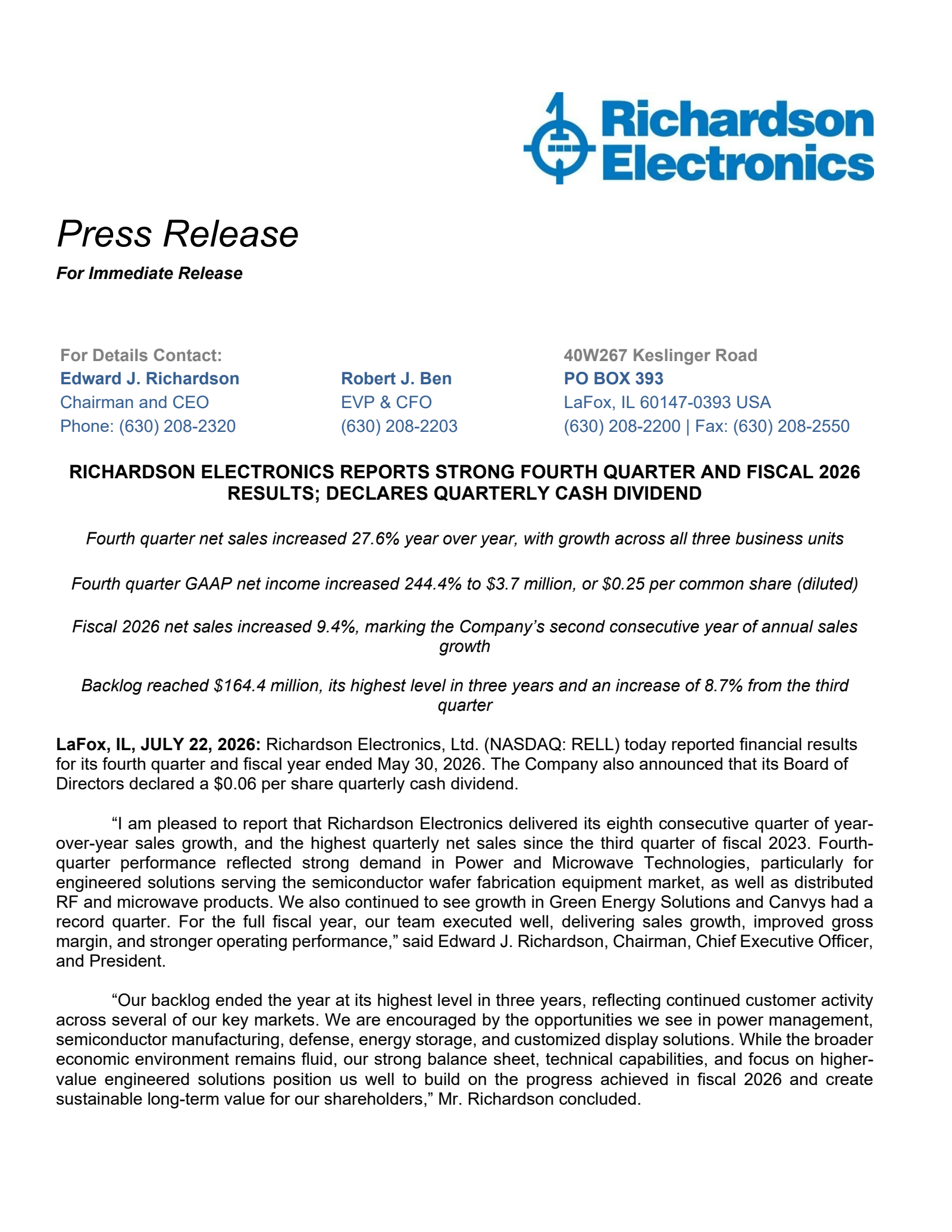 Richardson Electronics' Q4 2026 Press Release