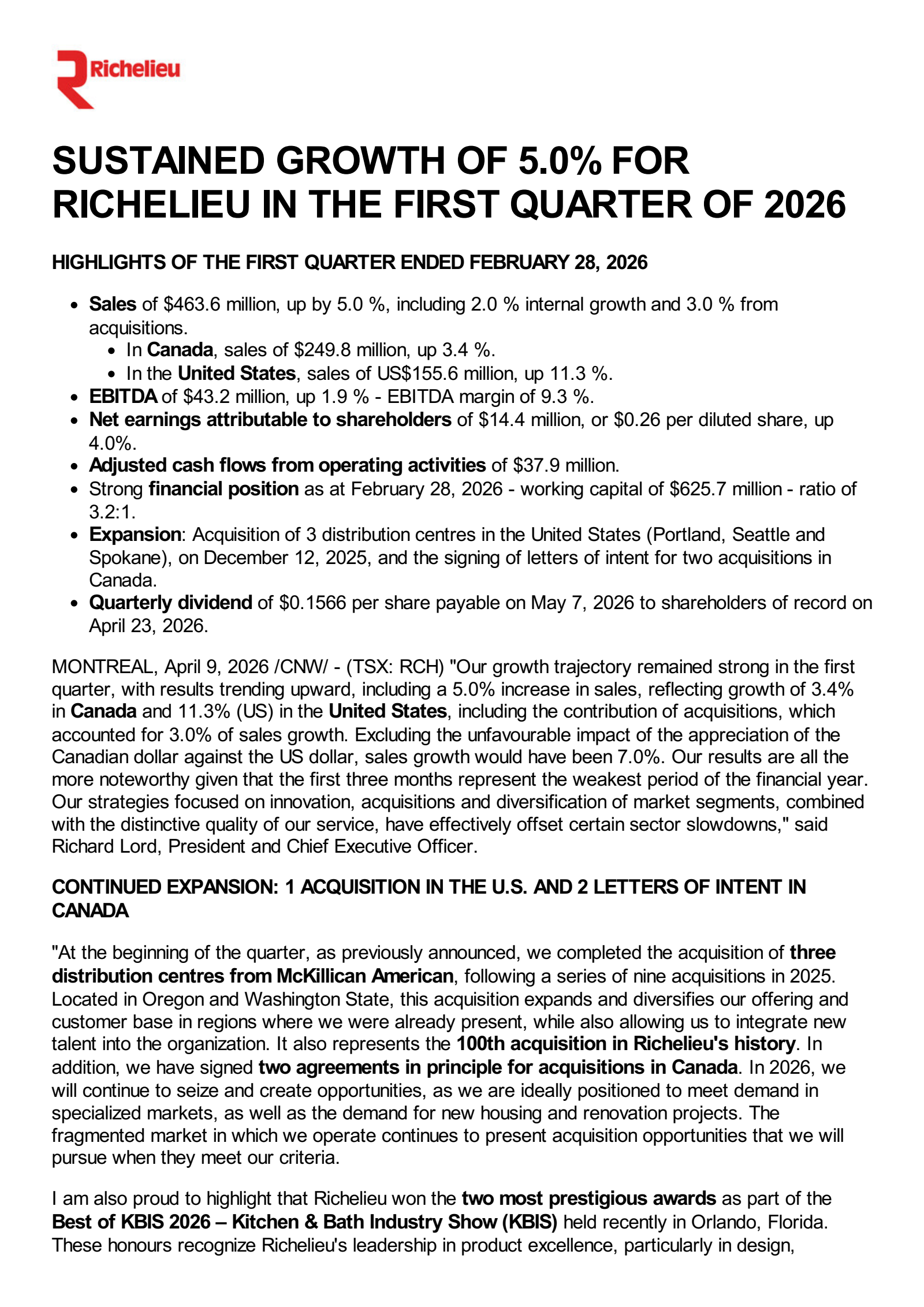 Richelieu Hardware's Q1 2026 Press Release