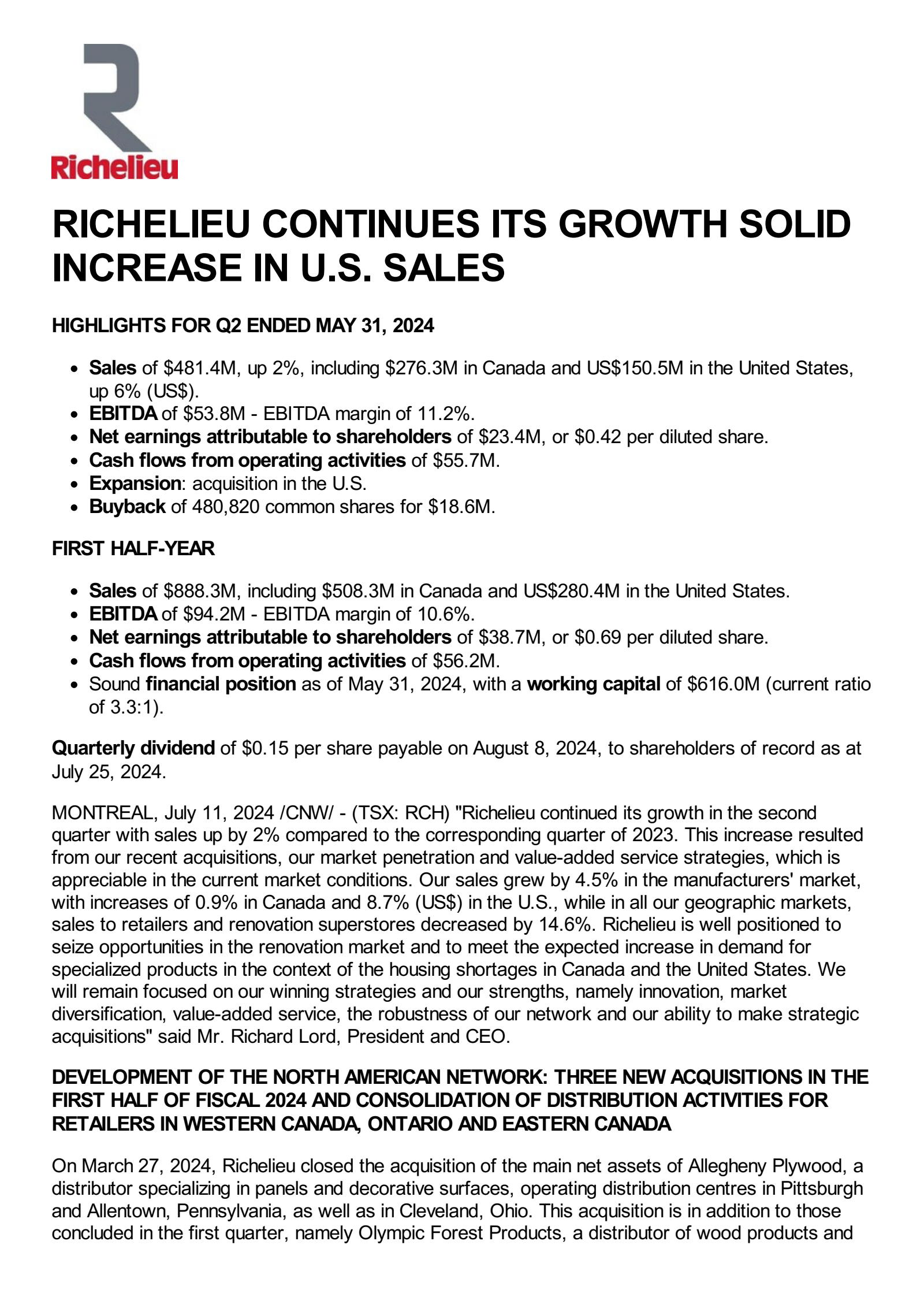 Richelieu Hardware's Q2 2024 Press Release