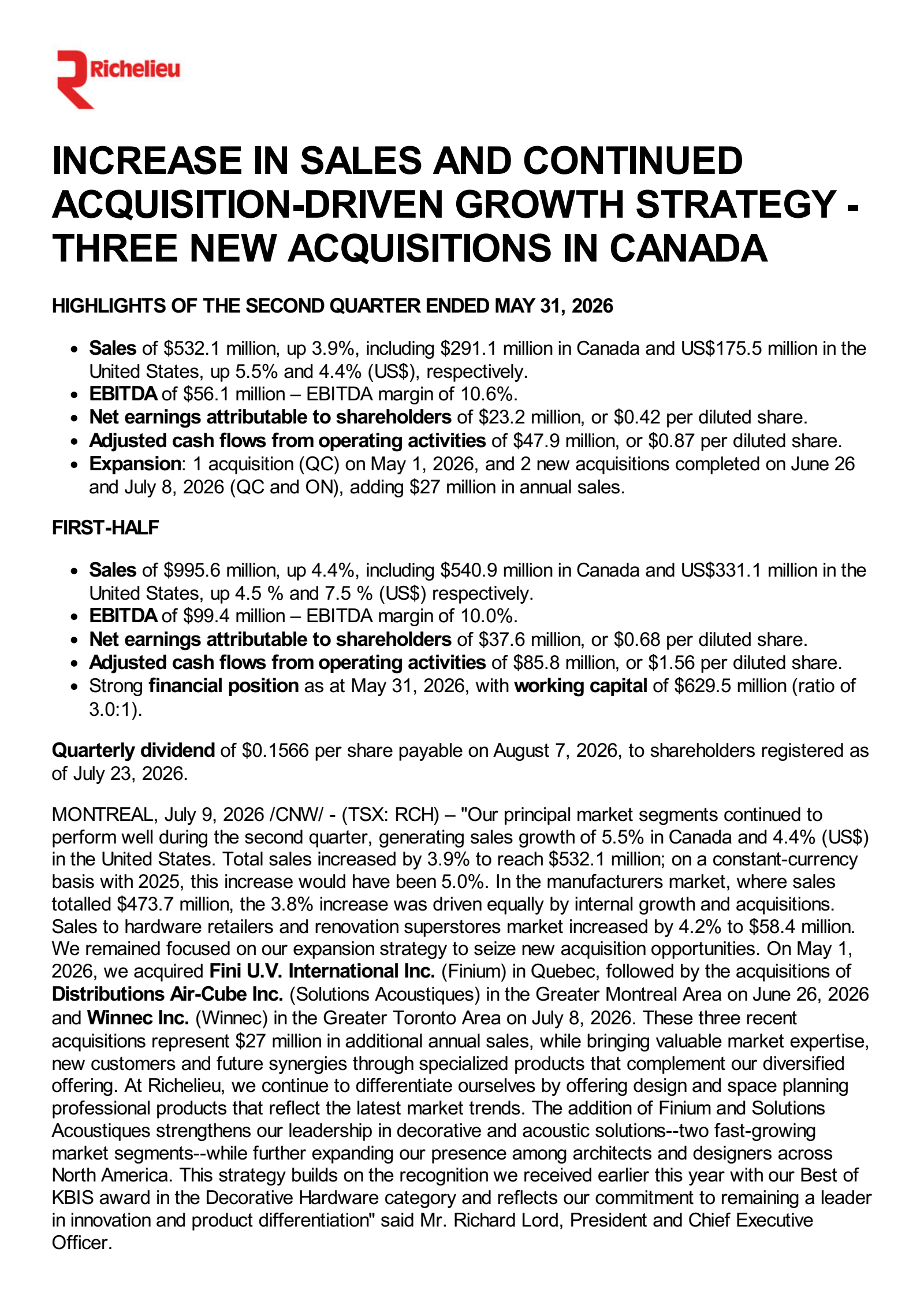 Richelieu Hardware's Q2 2026 Press Release