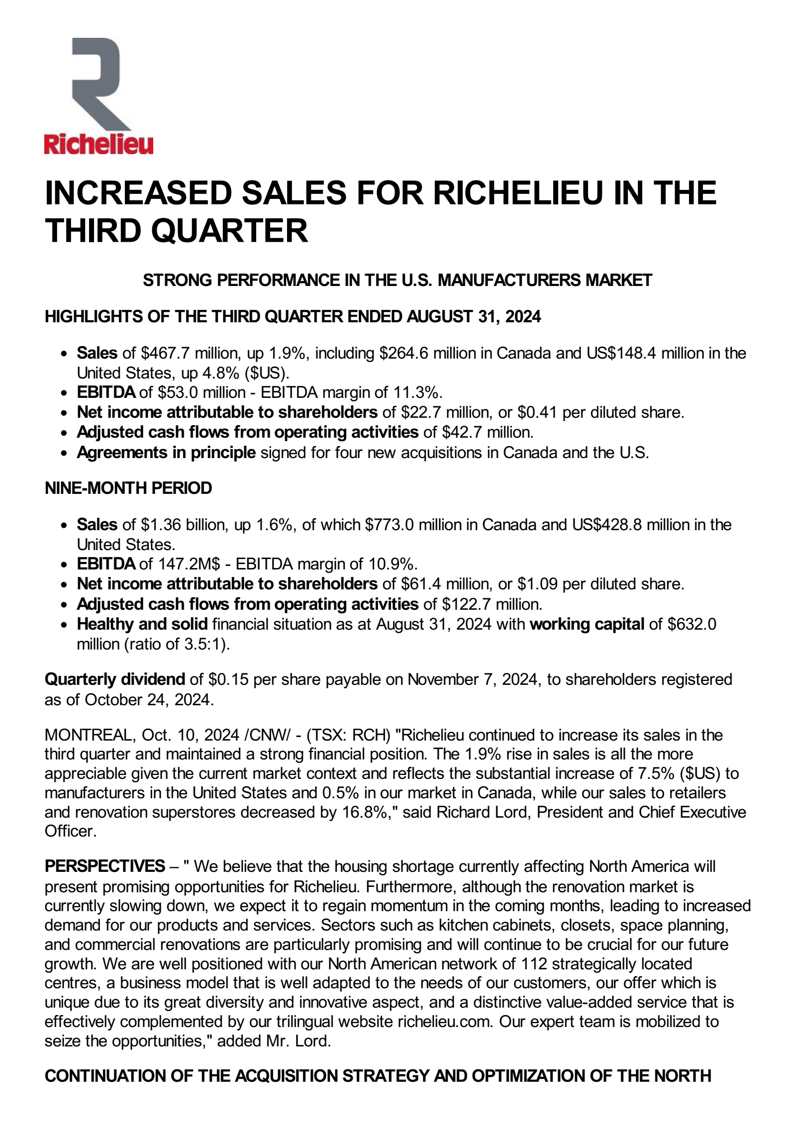Richelieu Hardware's Q3 2024 Press Release
