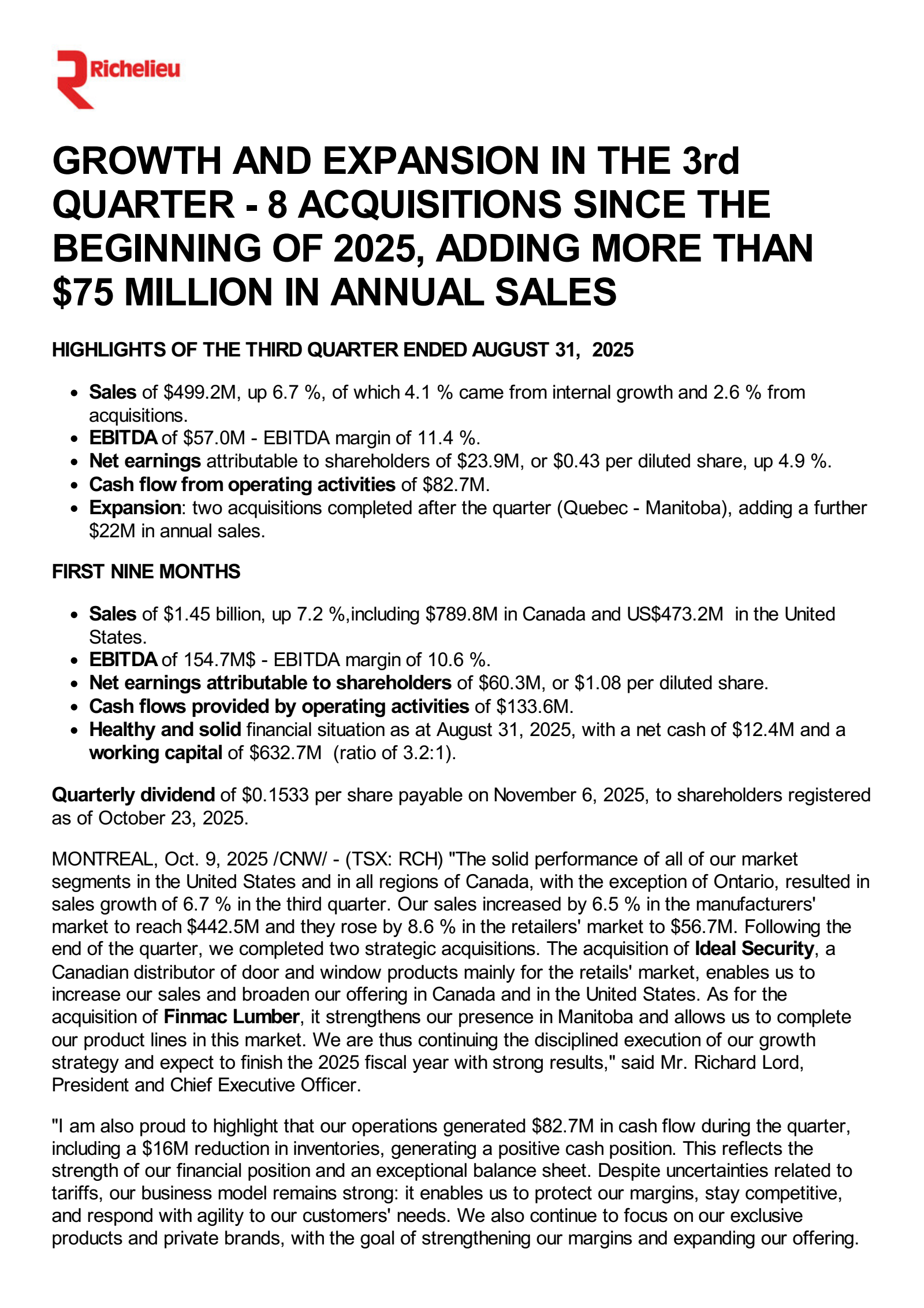 Richelieu Hardware's Q3 2025 Earnings Release