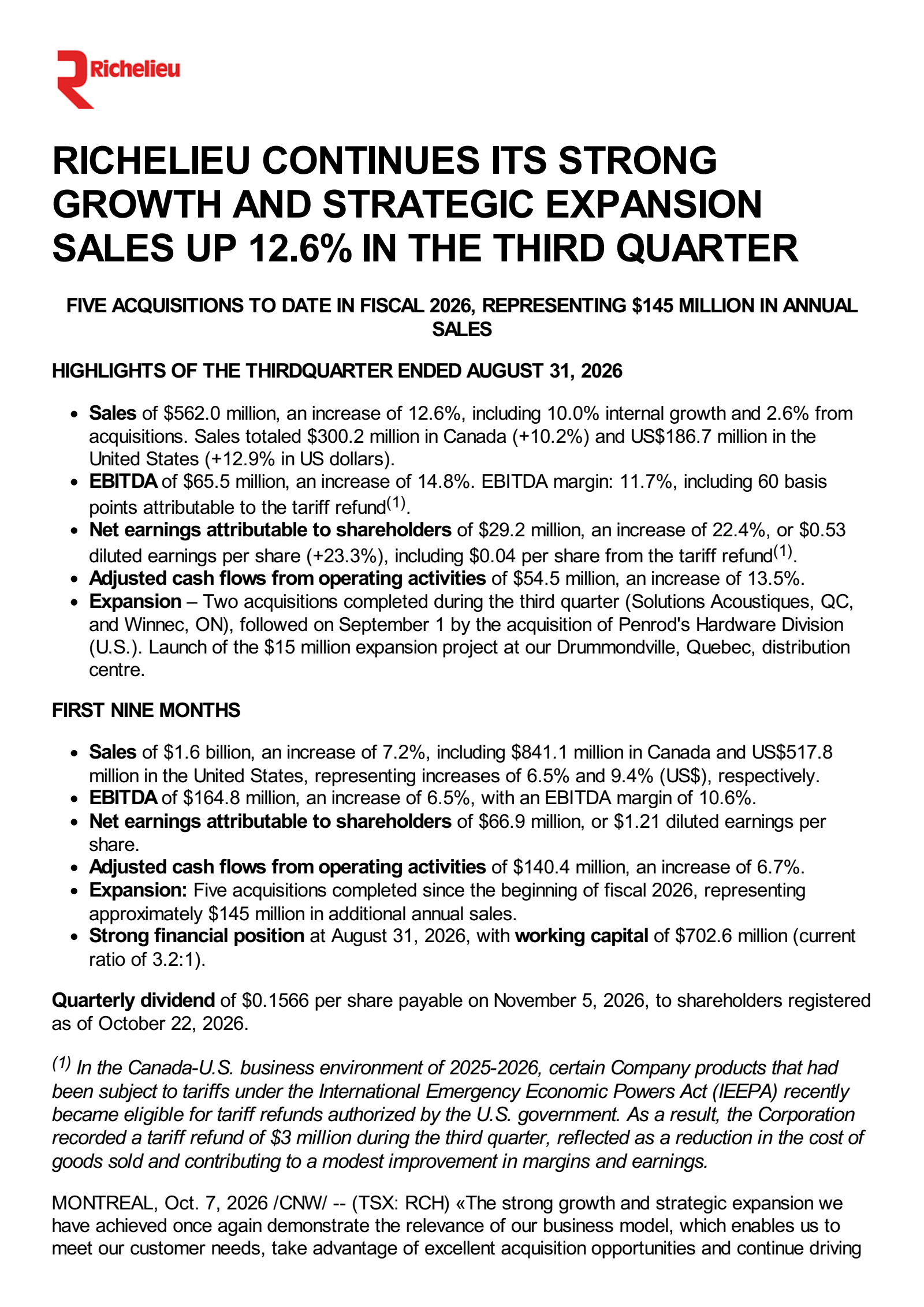 Richelieu Hardware's Q3 2026 Press Release