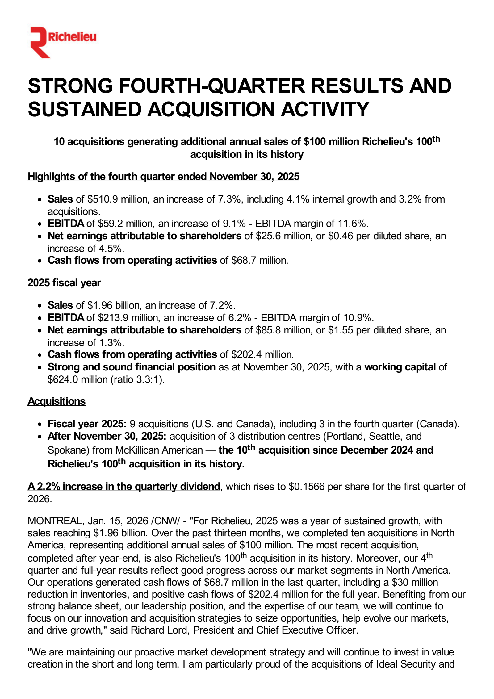 Richelieu Hardware's Q4 2025 Press Release