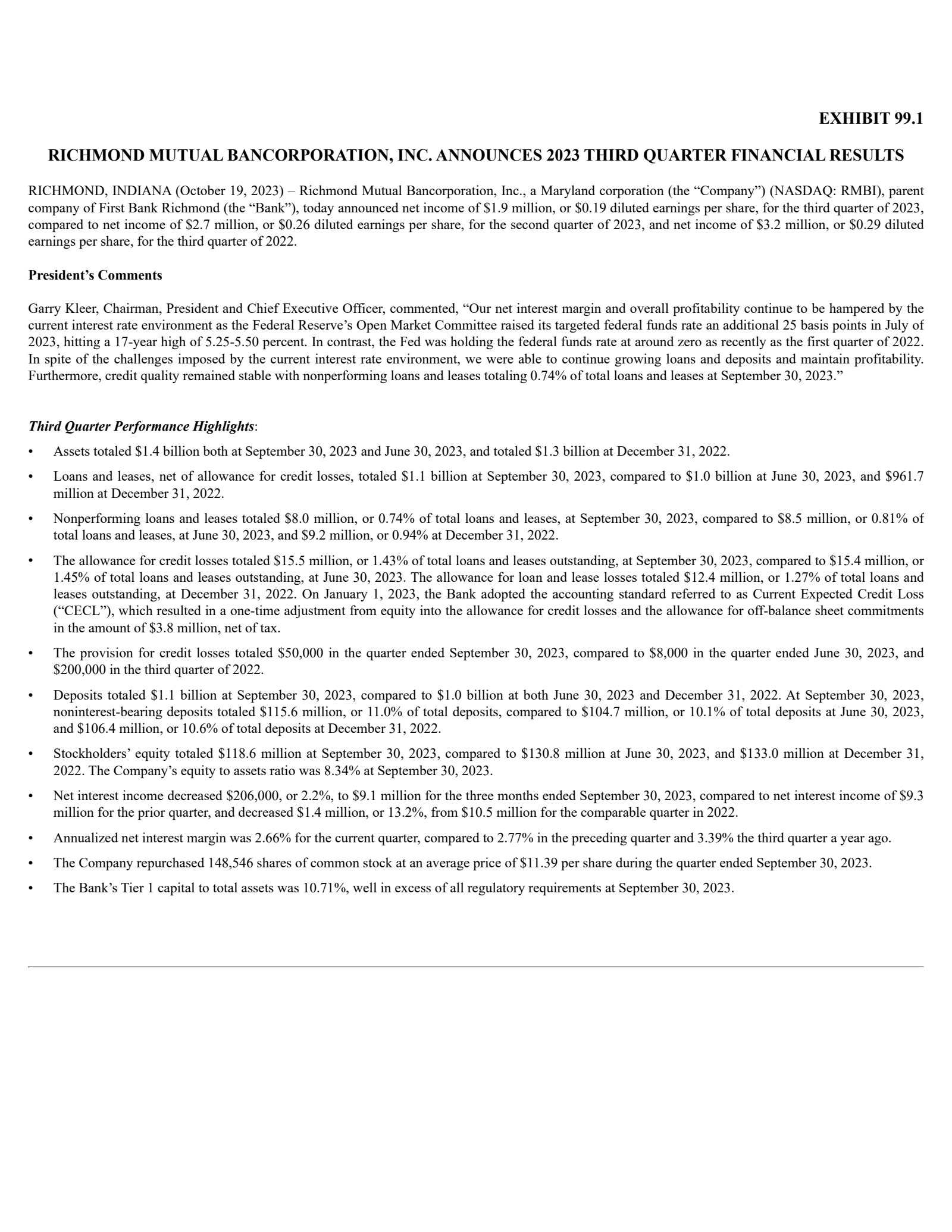 Richmond Mutual Bancorporation's Q3 2023 Press Release