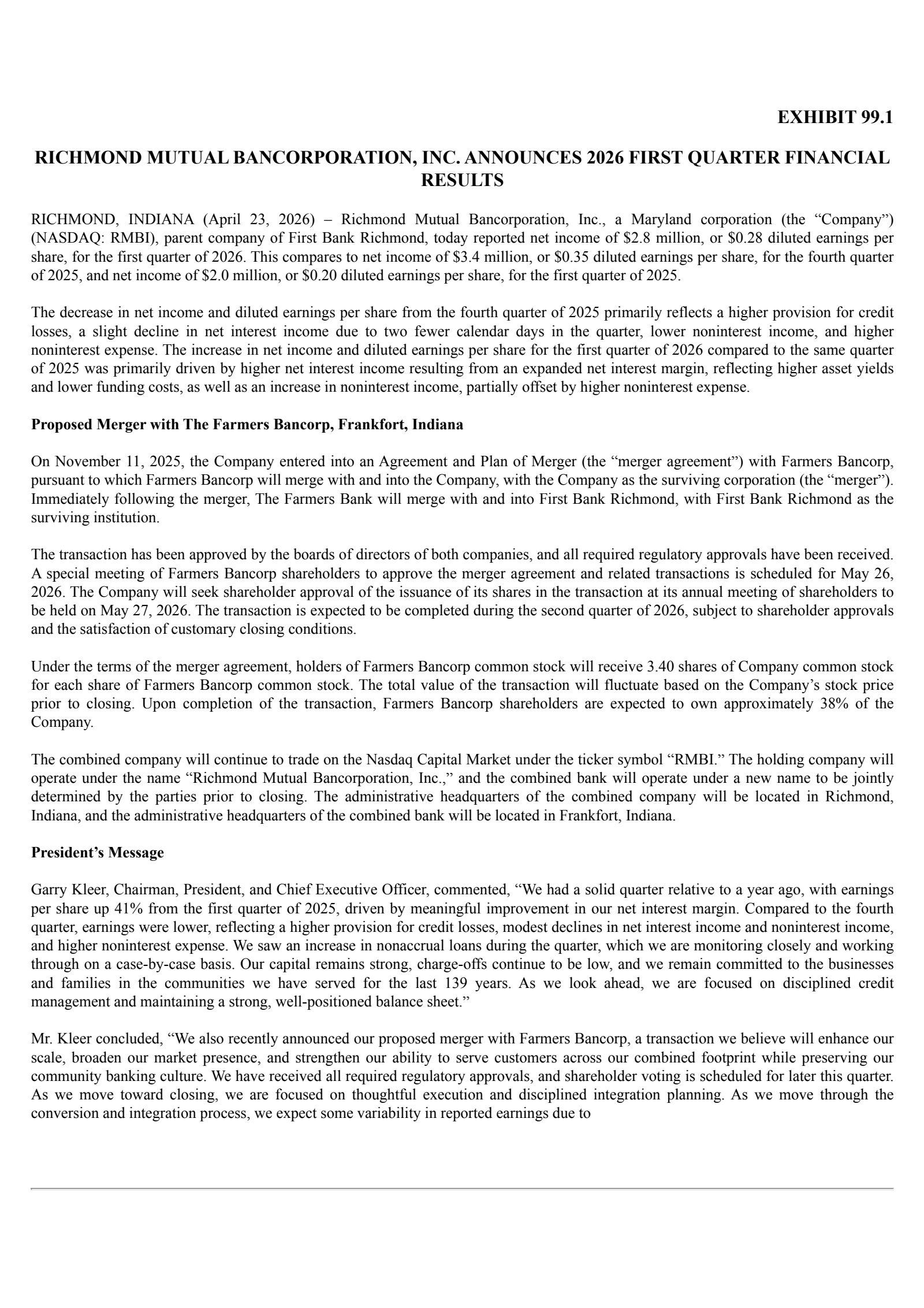 Richmond Mutual Bancorporation's Q1 2026 Press Release