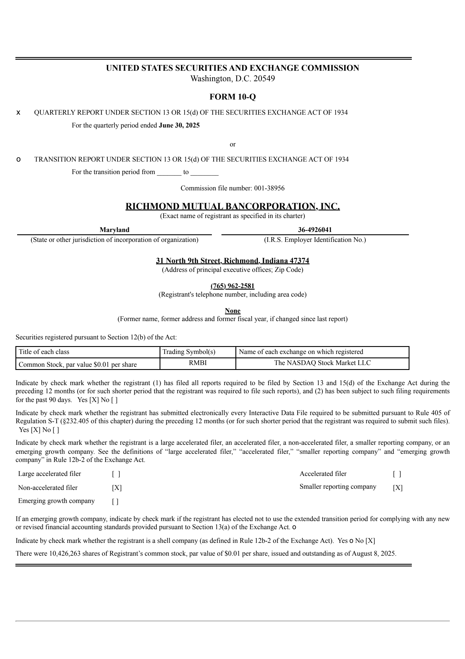 Richmond Mutual Bancorporation's Q2 2025 Quarterly report