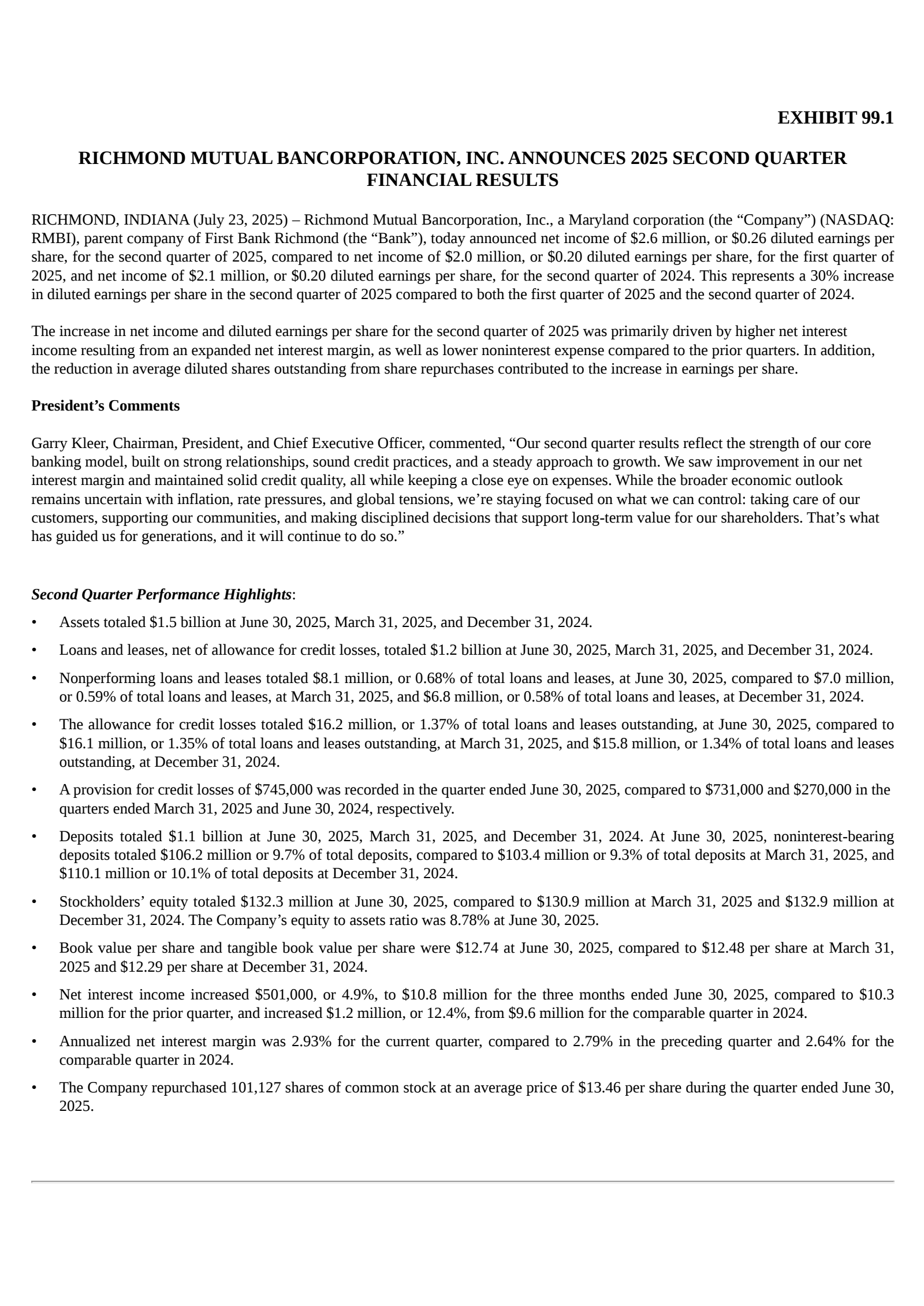 Richmond Mutual Bancorporation's Q2 2025 Press Release