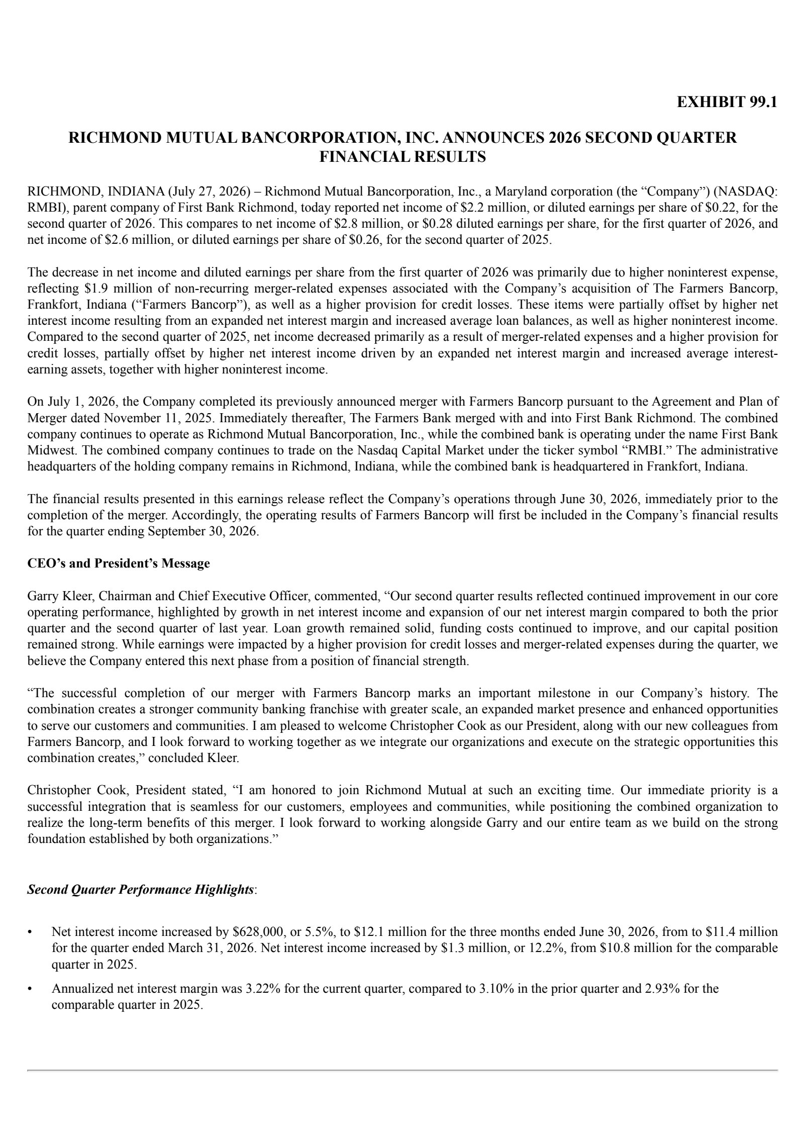 Richmond Mutual Bancorporation's Q2 2026 Press Release