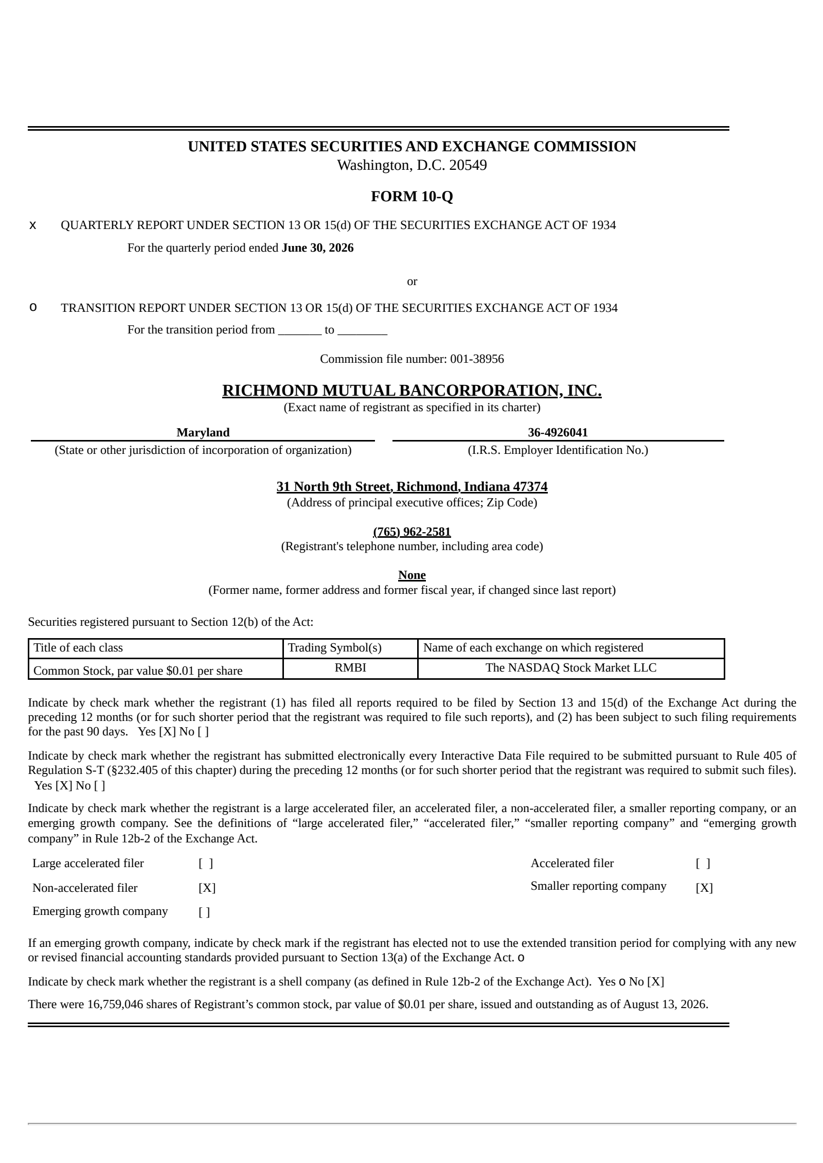 Richmond Mutual Bancorporation's Q2 2026 Quarterly report