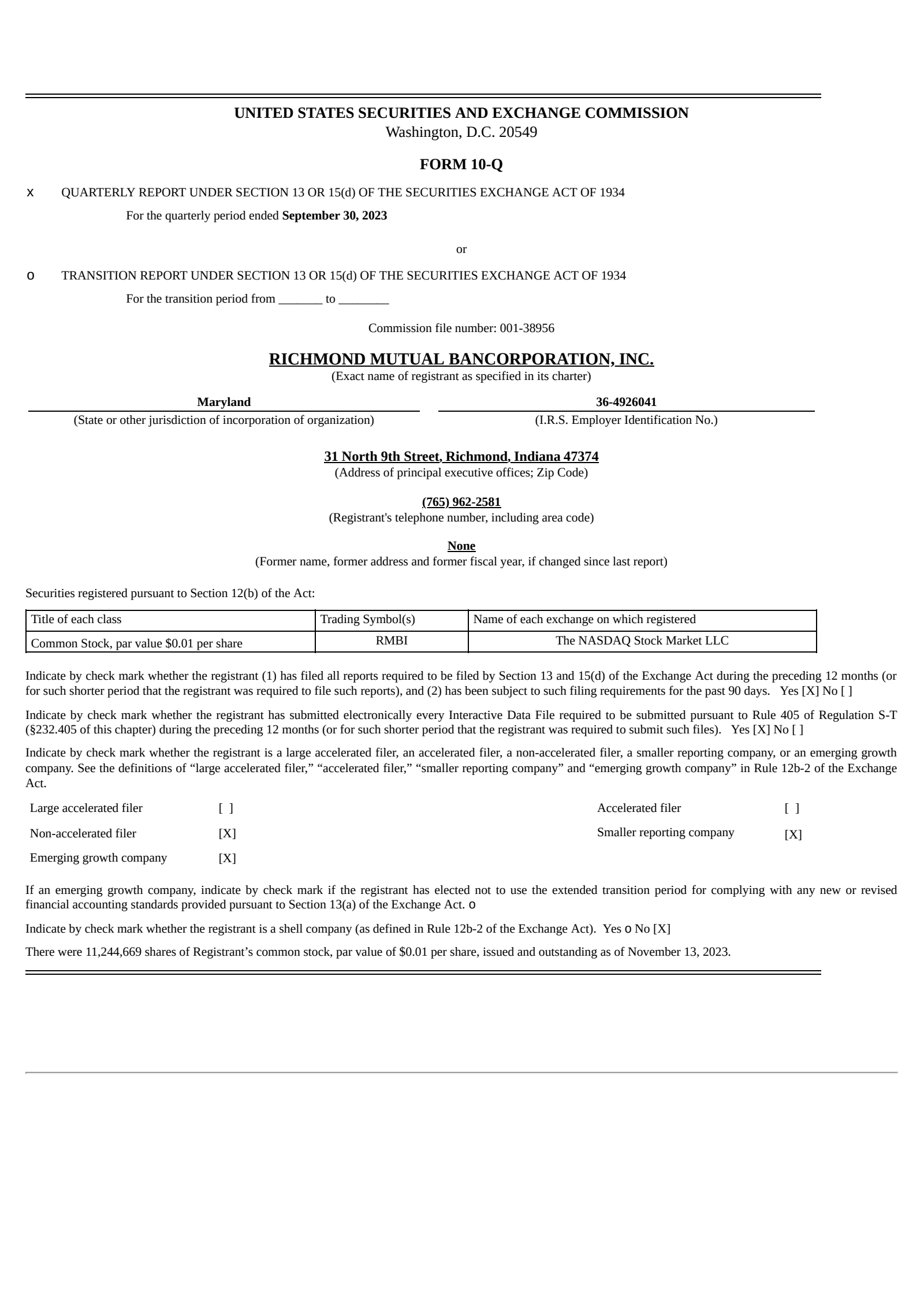 Richmond Mutual Bancorporation's Q3 2023 Quarterly Report