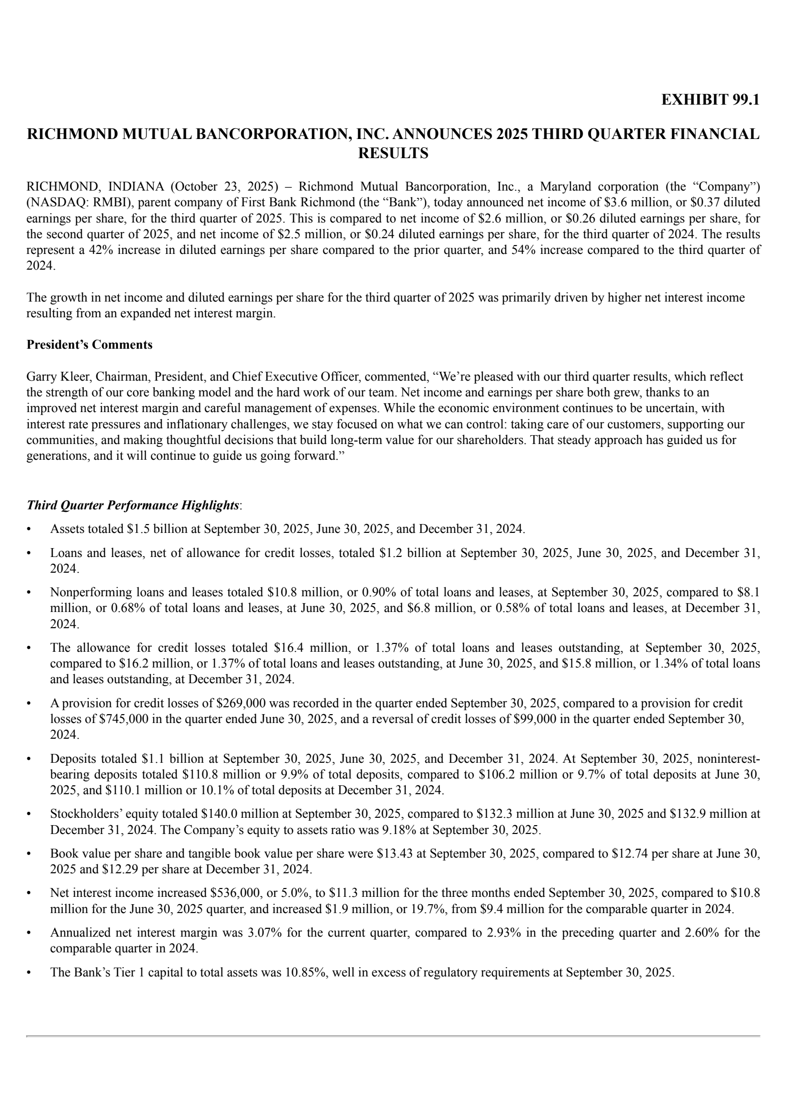 Richmond Mutual Bancorporation's Q3 2025 Earnings Release