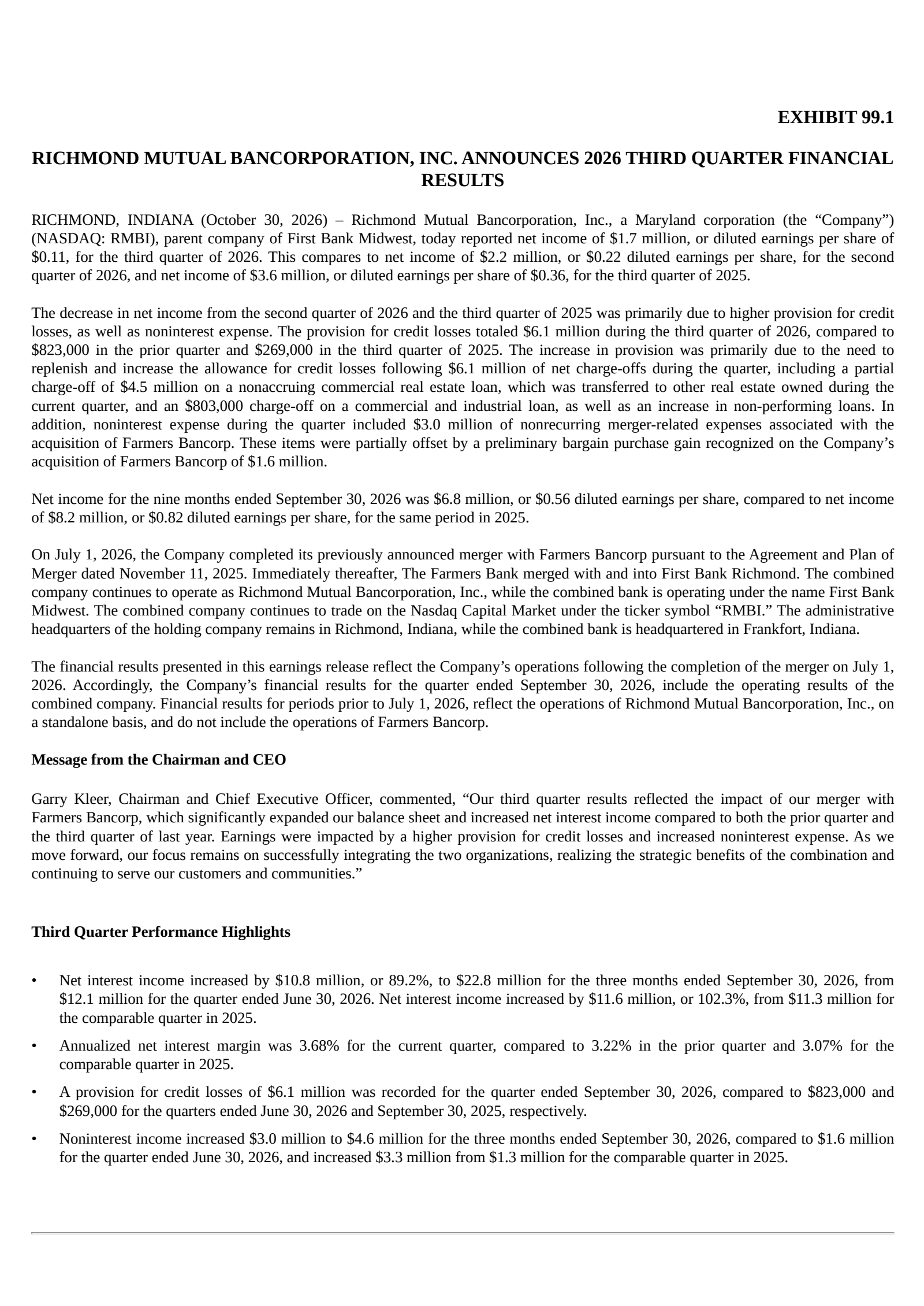 Richmond Mutual Bancorporation's Q3 2026 Press Release