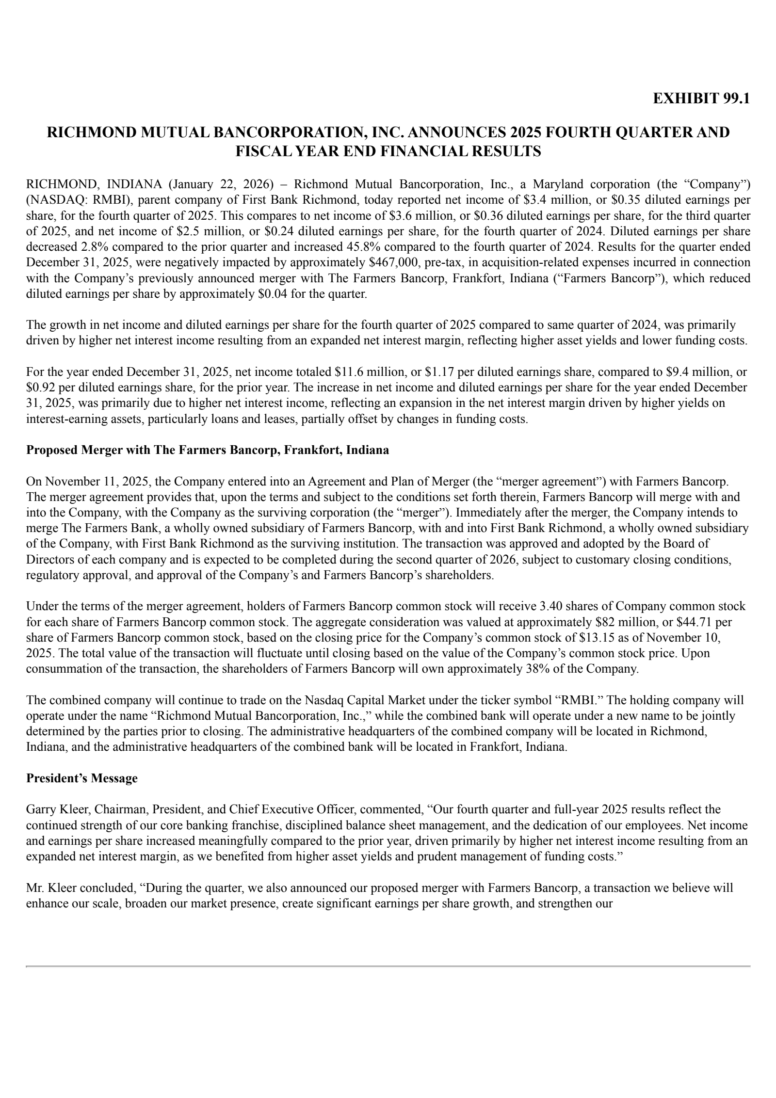 Richmond Mutual Bancorporation's Q4 2025 Press Release