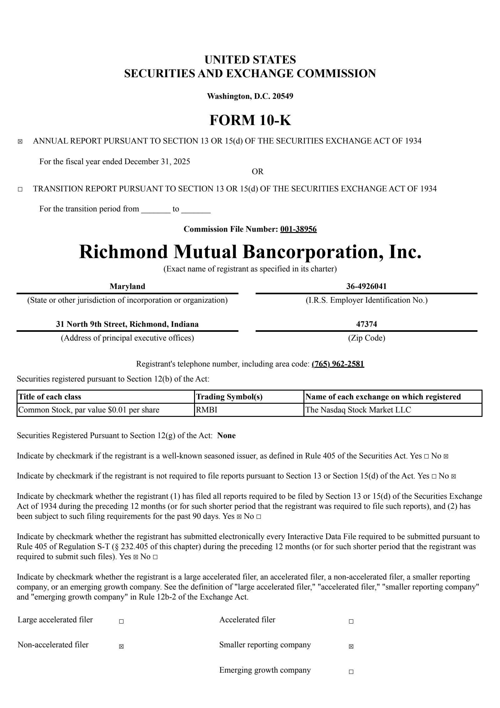 Richmond Mutual Bancorporation's Q4 2025 Annual report