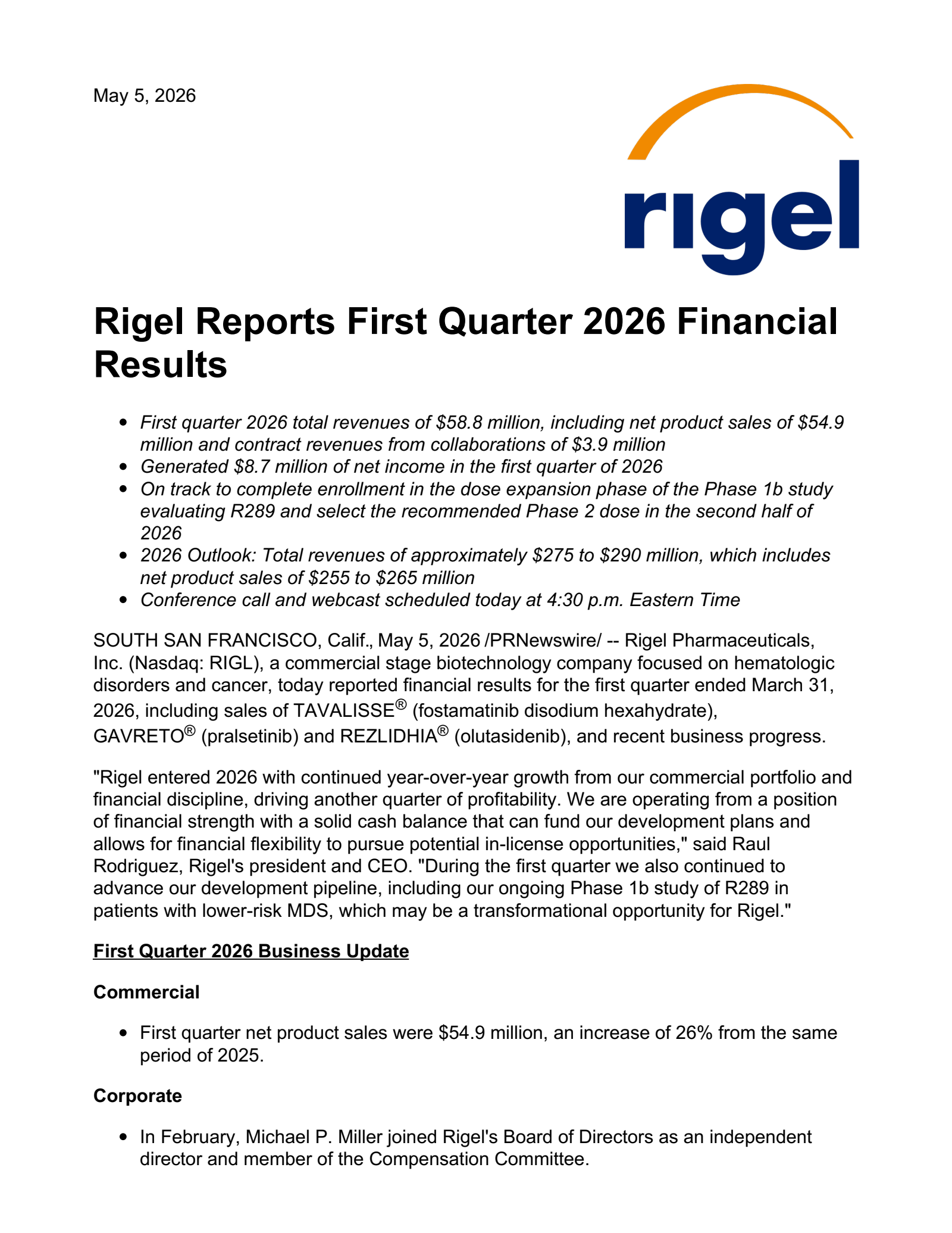 Rigel Pharmaceuticals' Q1 2026 Press Release