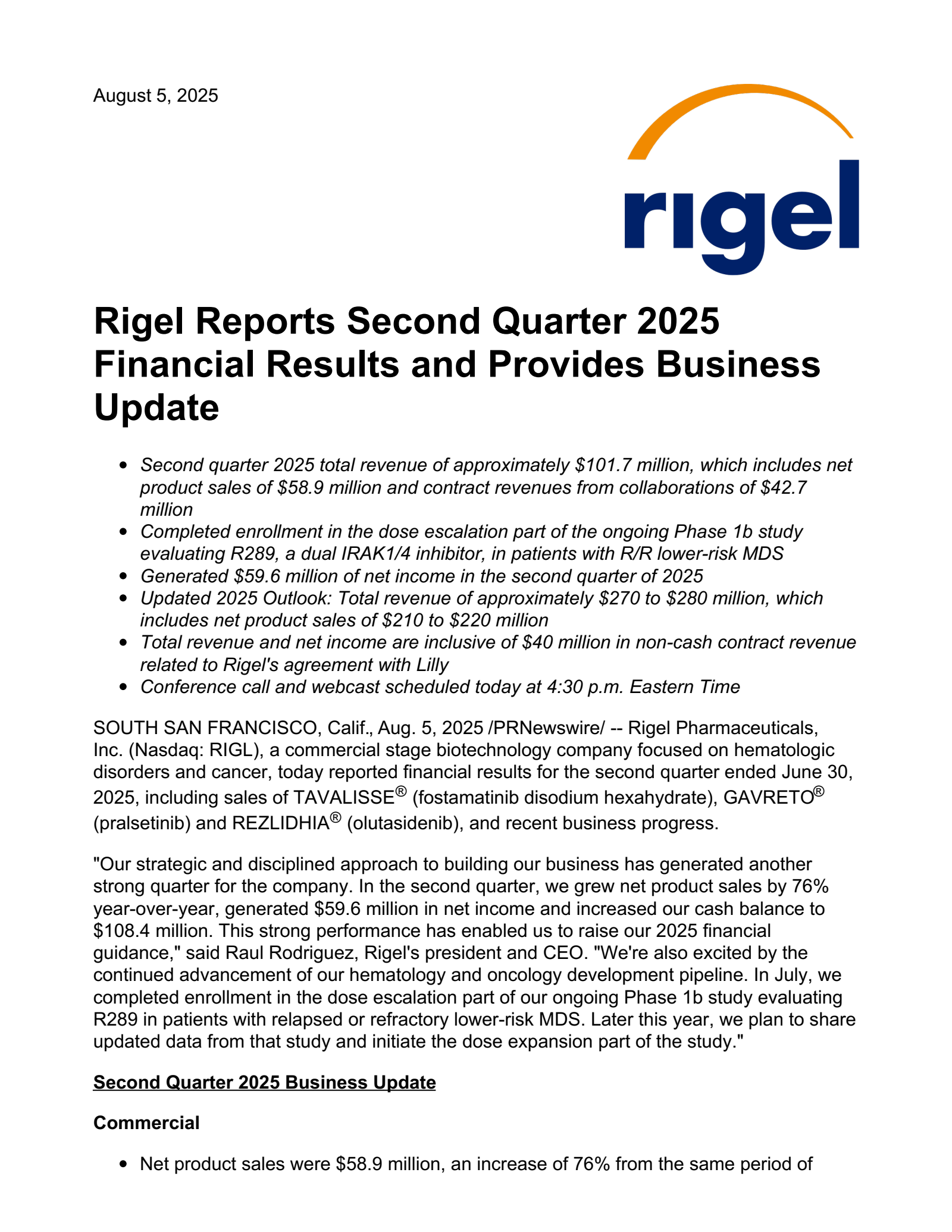 Rigel Pharmaceuticals' Q2 2025 Press Release