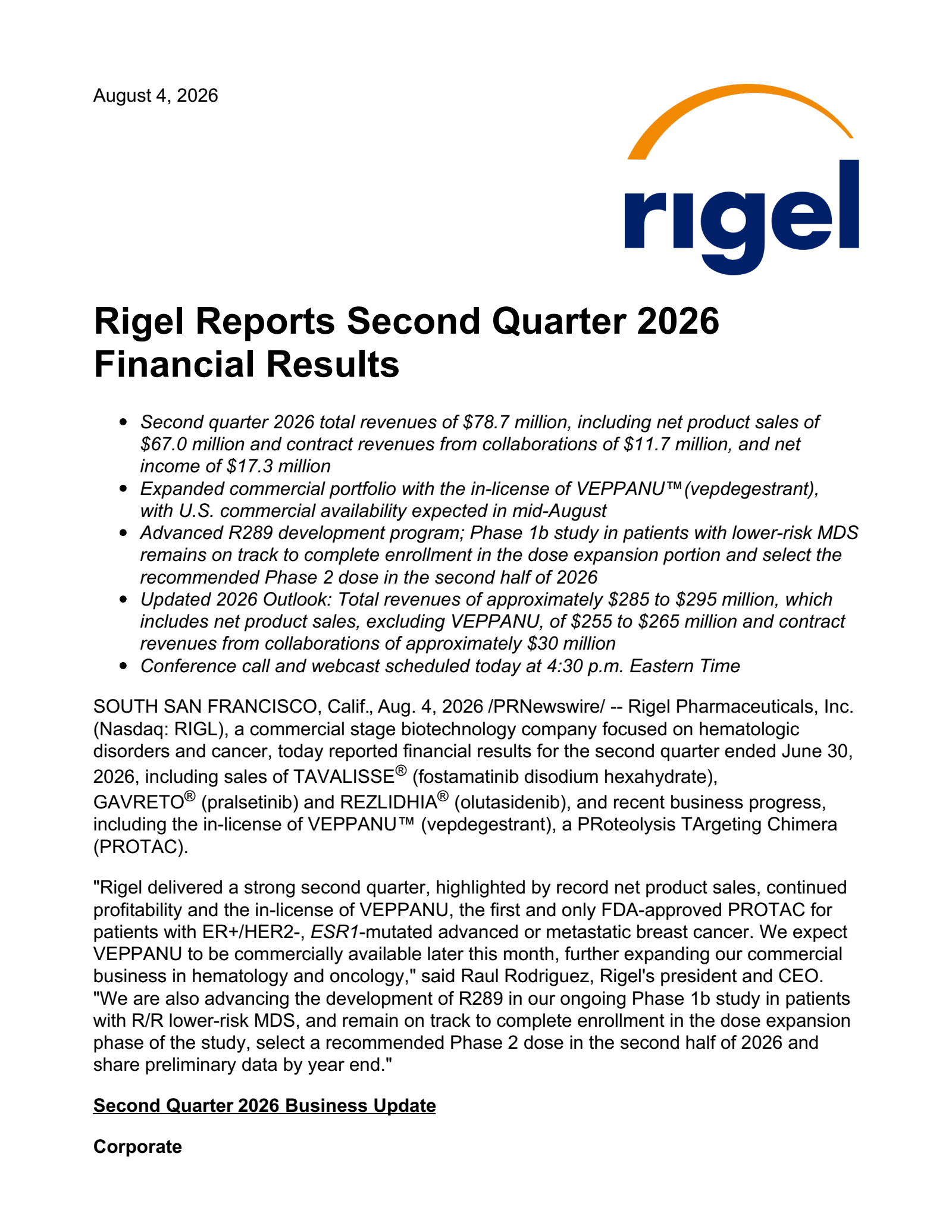 Rigel Pharmaceuticals' Q2 2026 Press Release