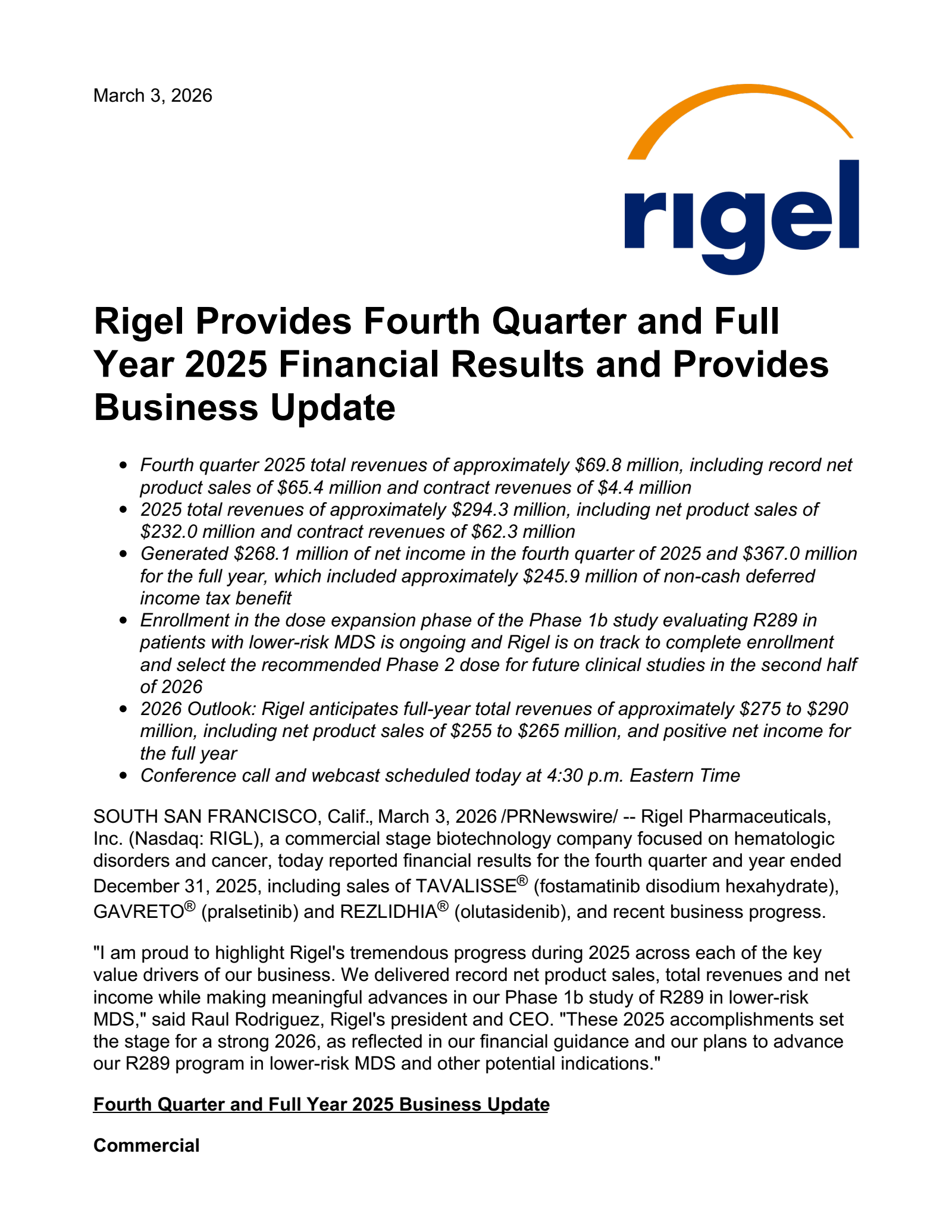 Rigel Pharmaceuticals' Q4 2025 Press Release