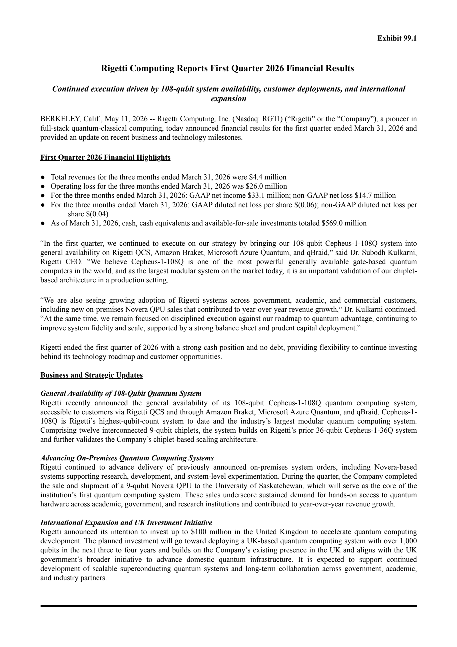Rigetti Computing's Q1 2026 Press Release