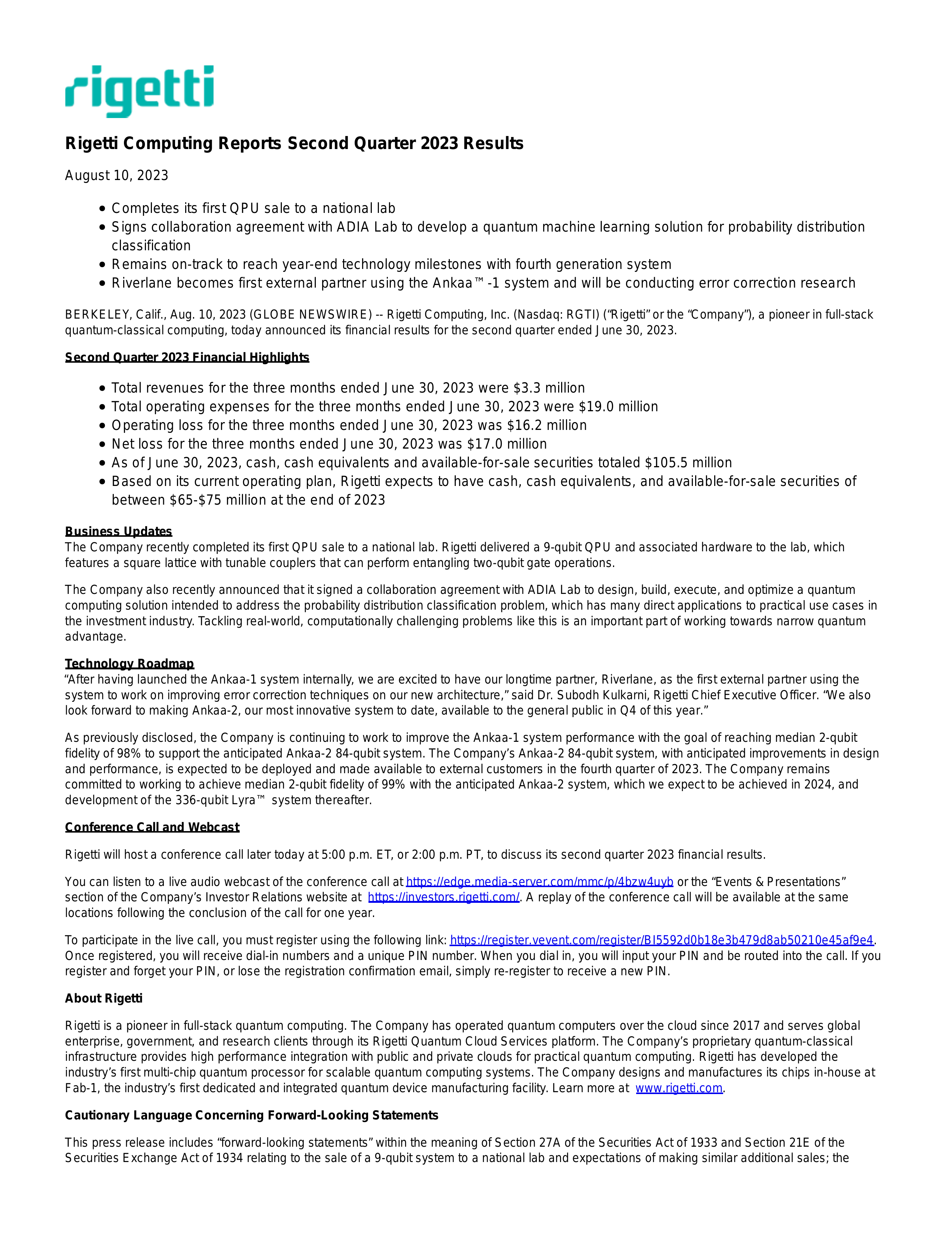 Rigetti Computing's Q2 2023 Press Release