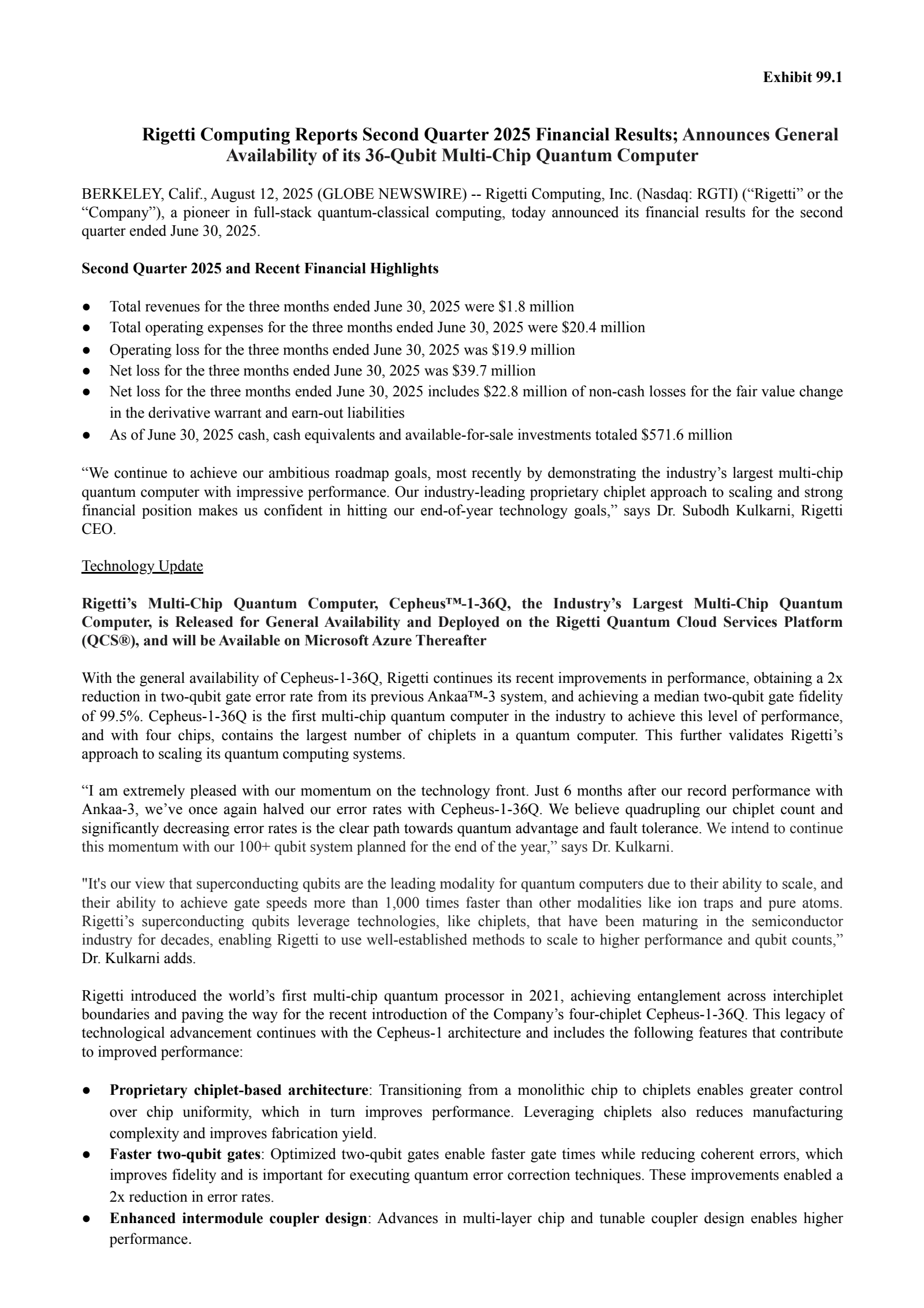 Rigetti Computing's Q2 2025 Press Release