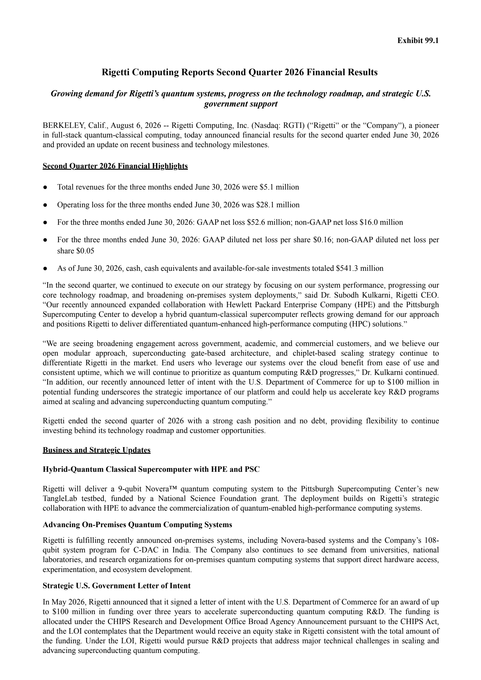 Rigetti Computing's Q2 2026 Press Release