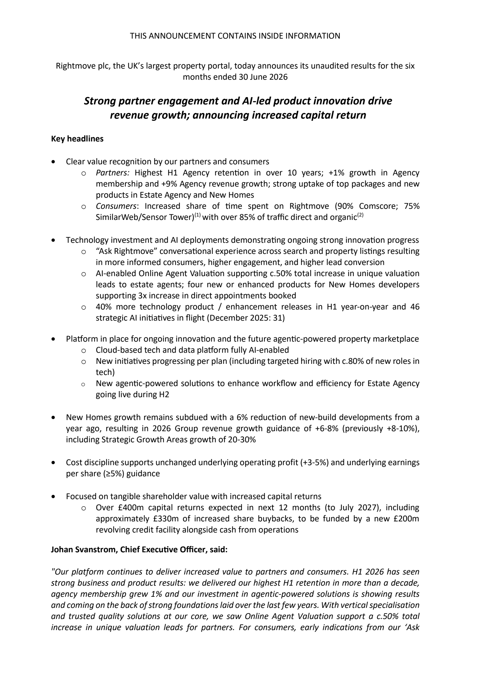 Rightmove's H1 2026 Interim report