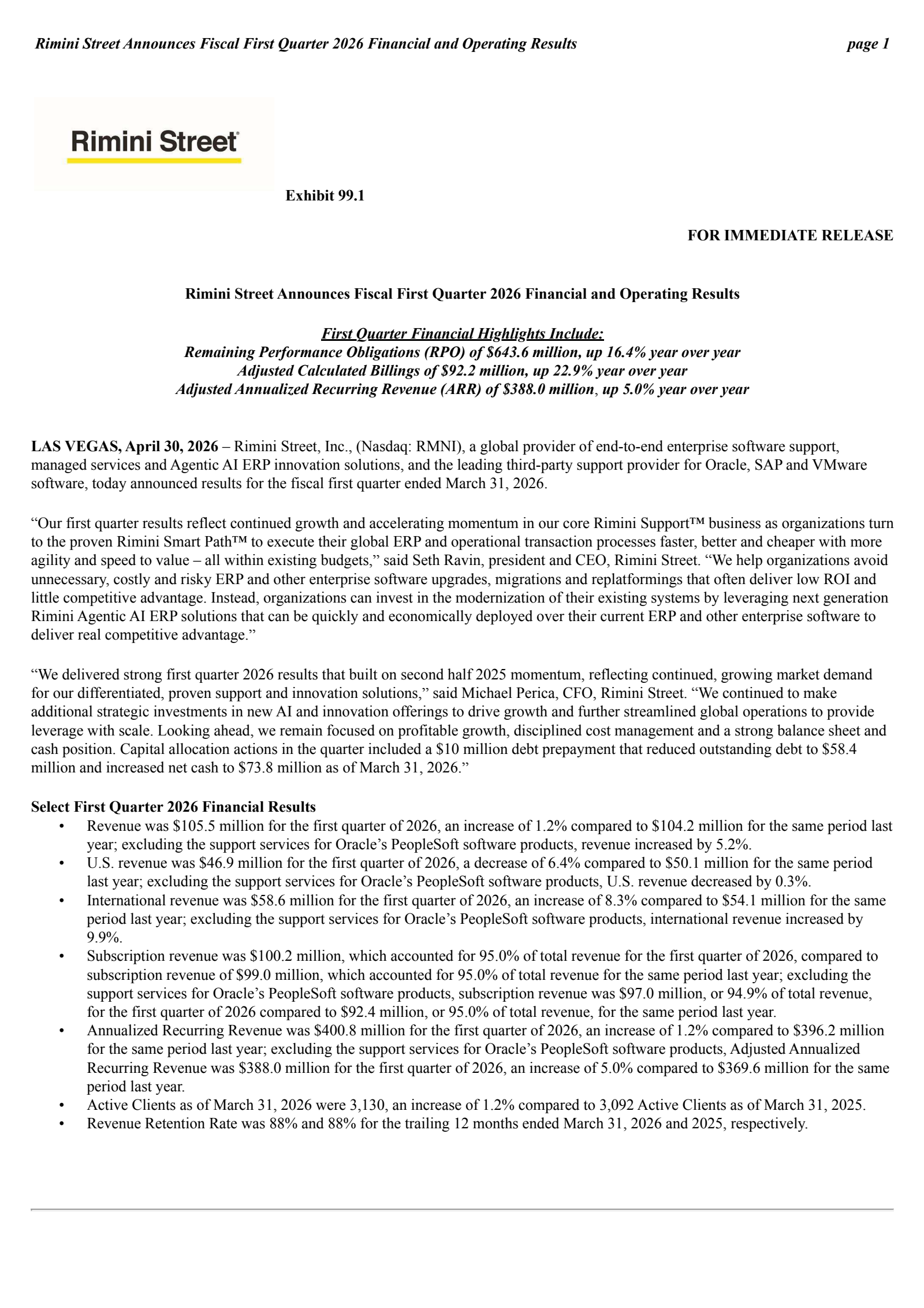 Rimini Street's Q1 2026 Press Release