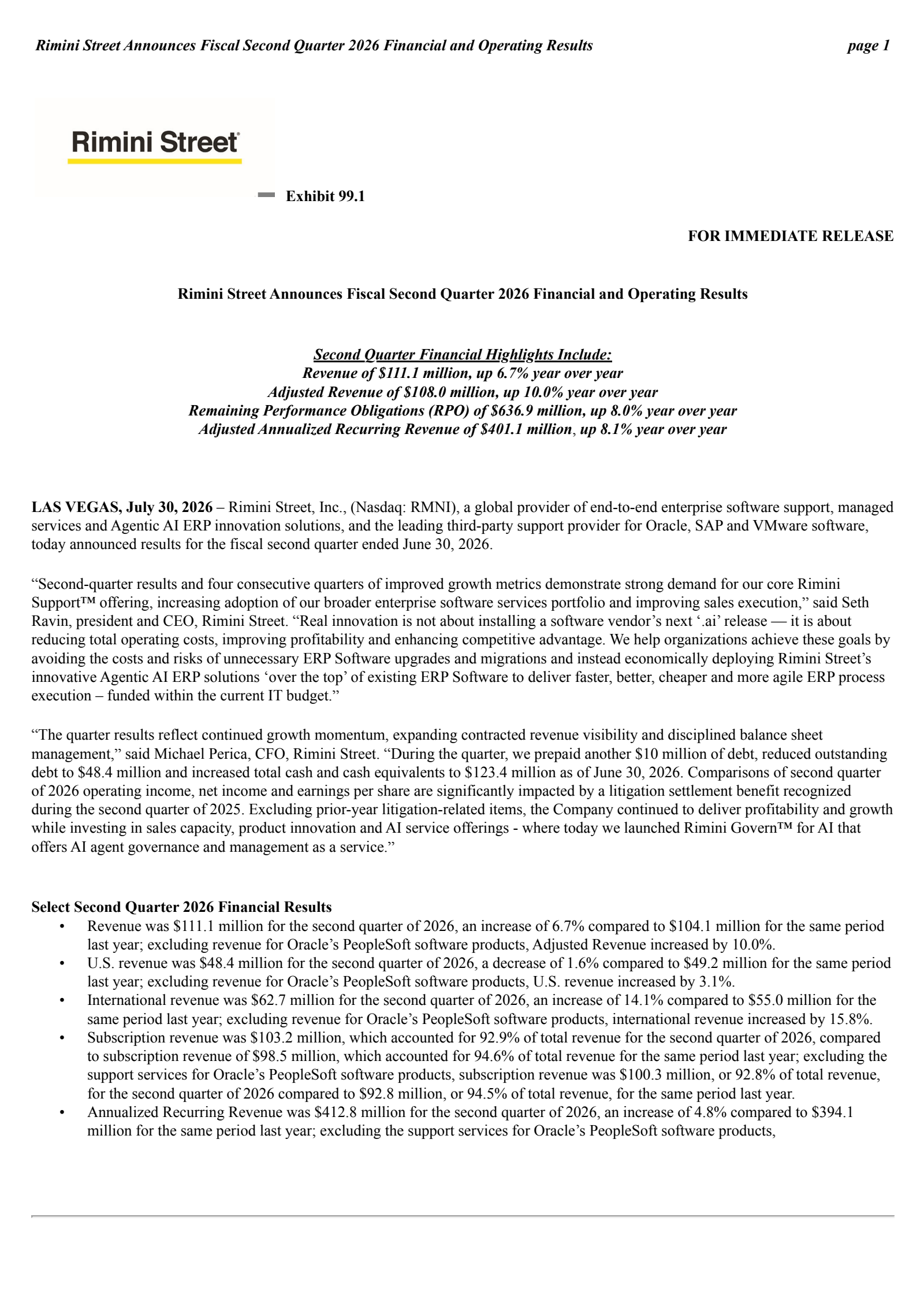 Rimini Street's Q2 2026 Press Release