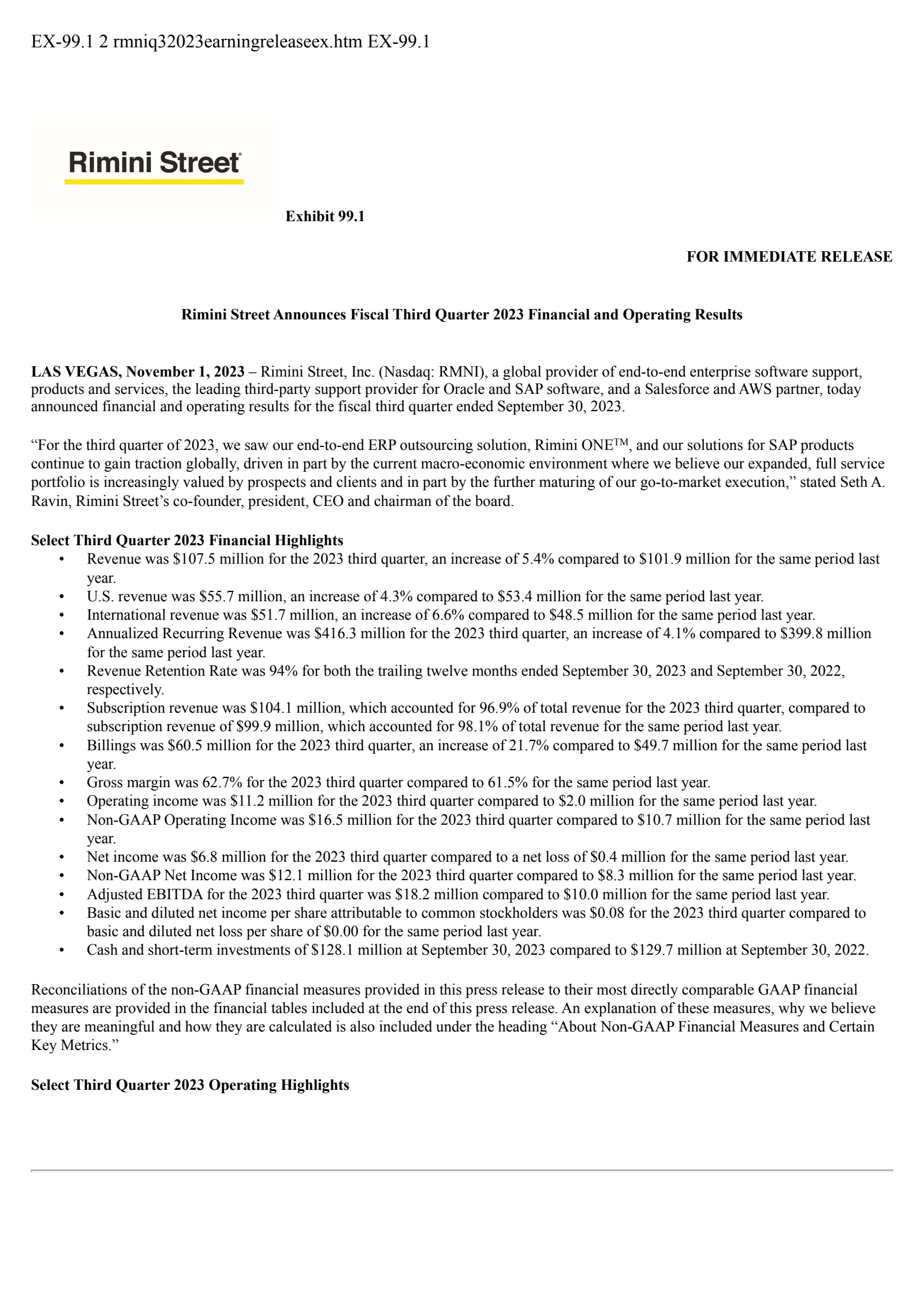 Rimini Street's Q3 2023 Press Release