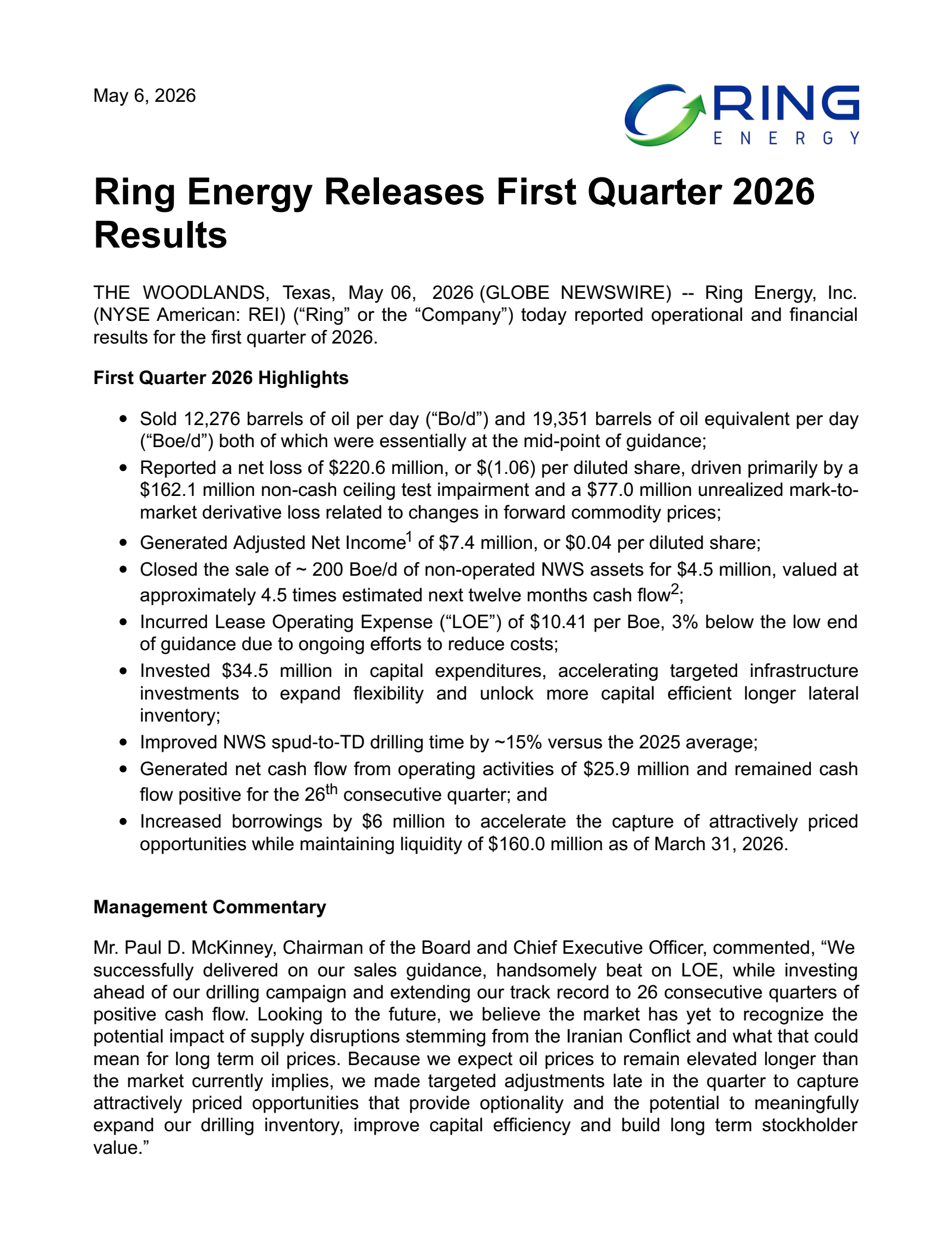 Ring Energy's Q1 2026 Press Release