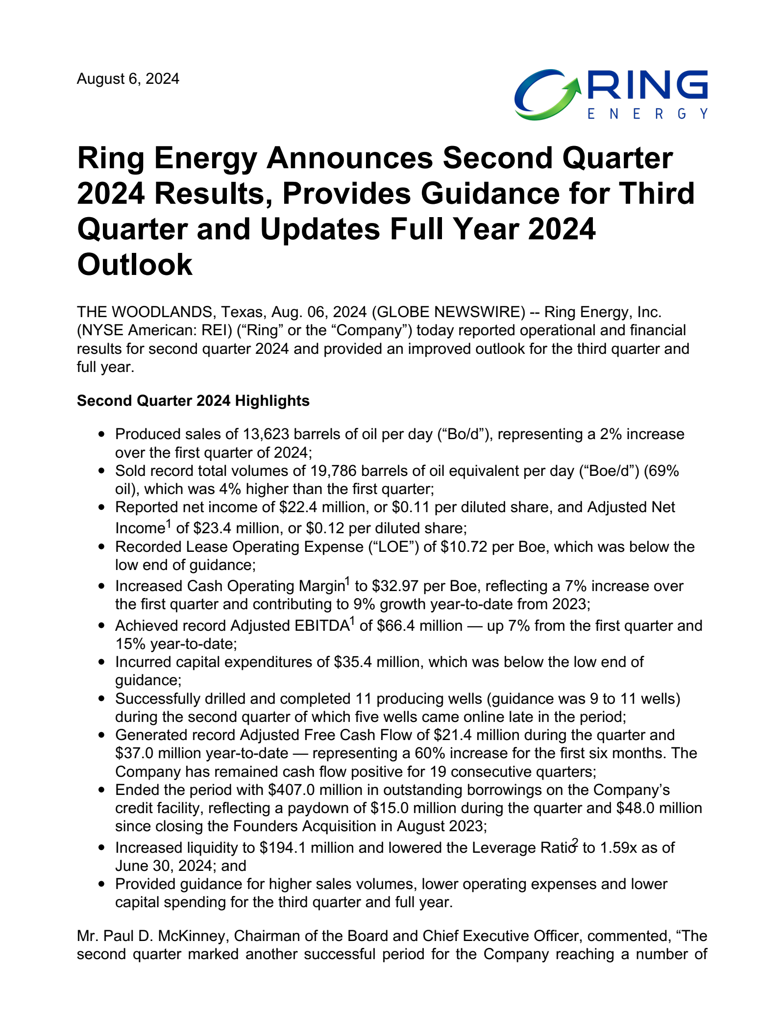 Ring Energy's Q2 2024 Press Release