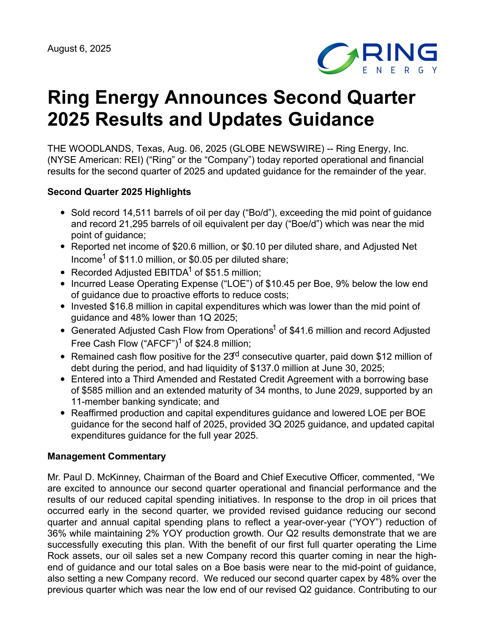 Ring Energy's Q2 2025 Press Release
