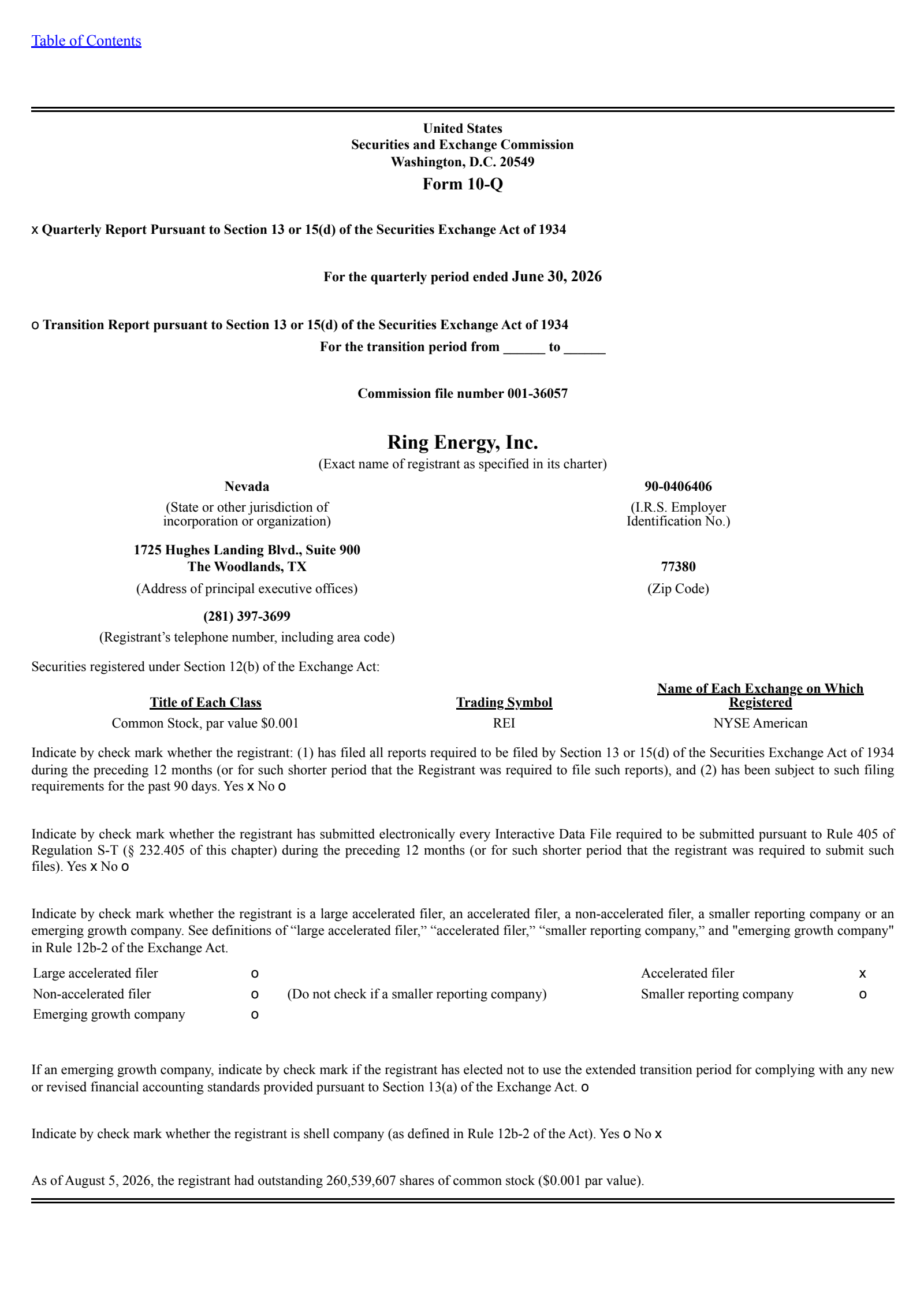 Ring Energy's Q2 2026 Quarterly report