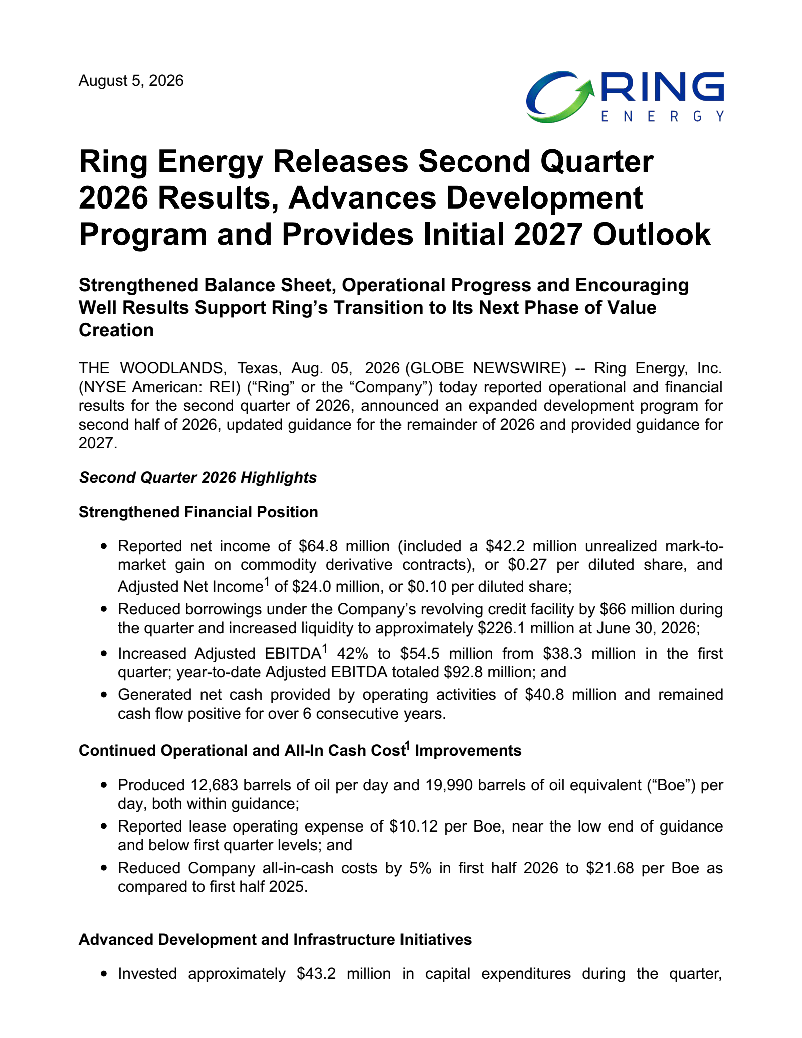 Ring Energy's Q2 2026 Press Release