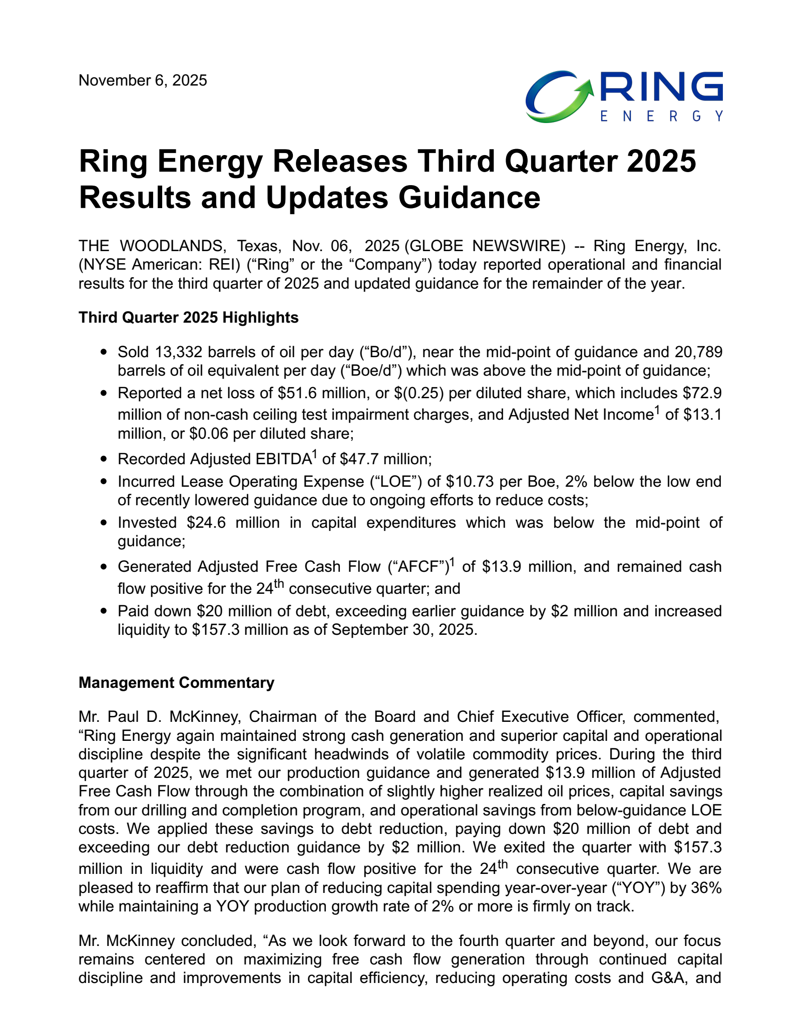Ring Energy's Q3 2025 Earnings Release