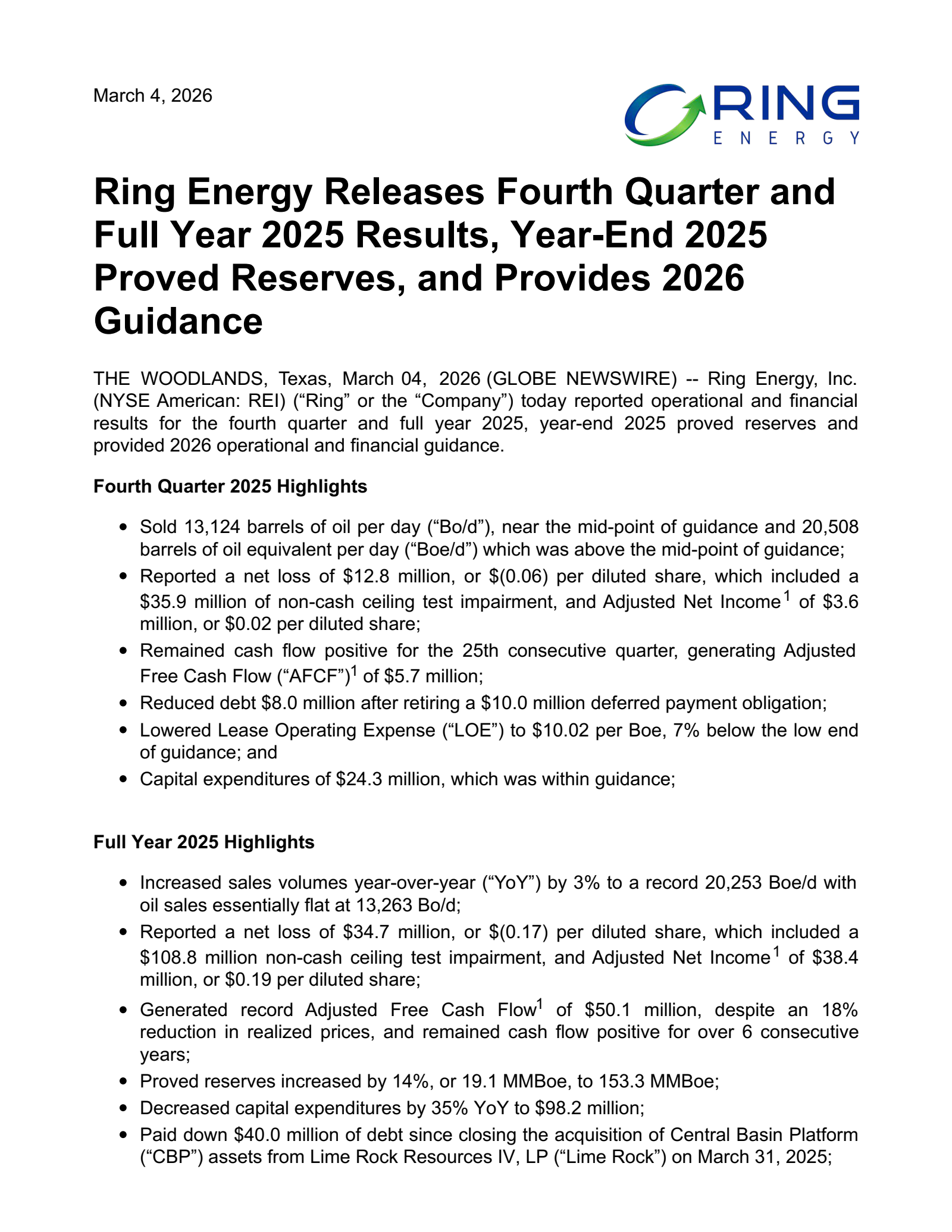 Ring Energy's Q4 2025 Press Release