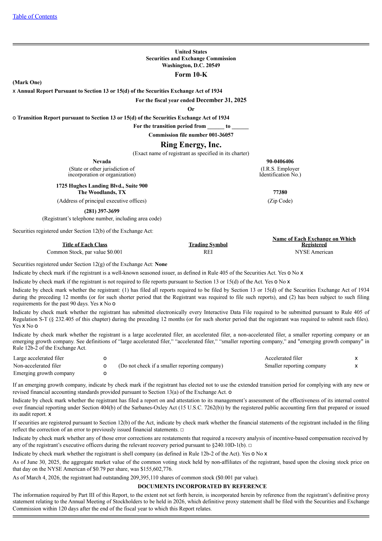 Ring Energy's Q4 2025 Annual report
