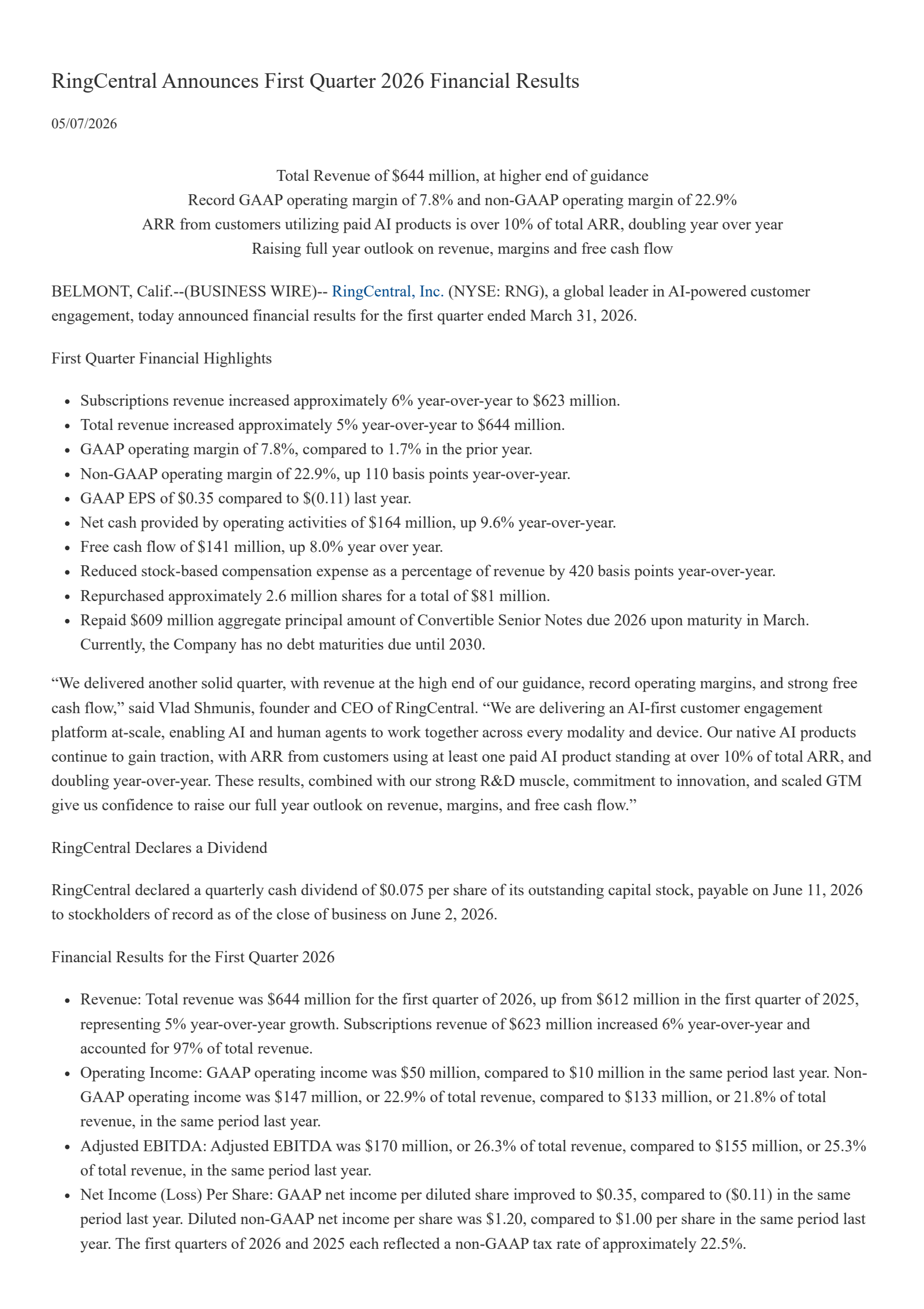RingCentral's Q1 2026 Press Release