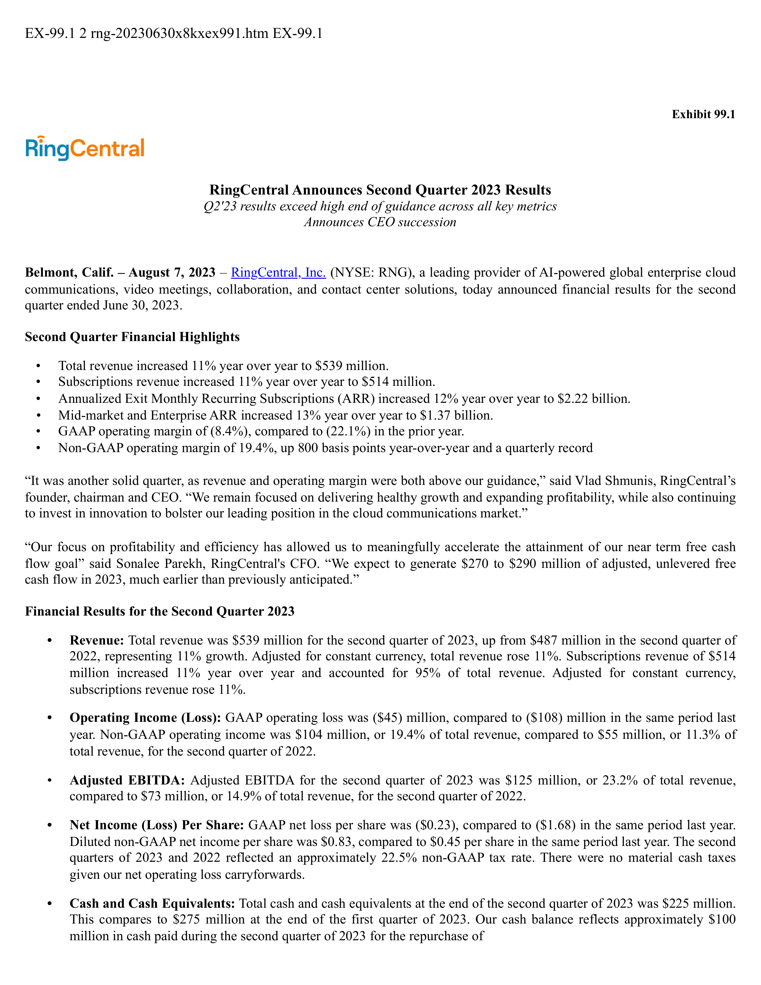 RingCentral's Q2 2023 Press Release