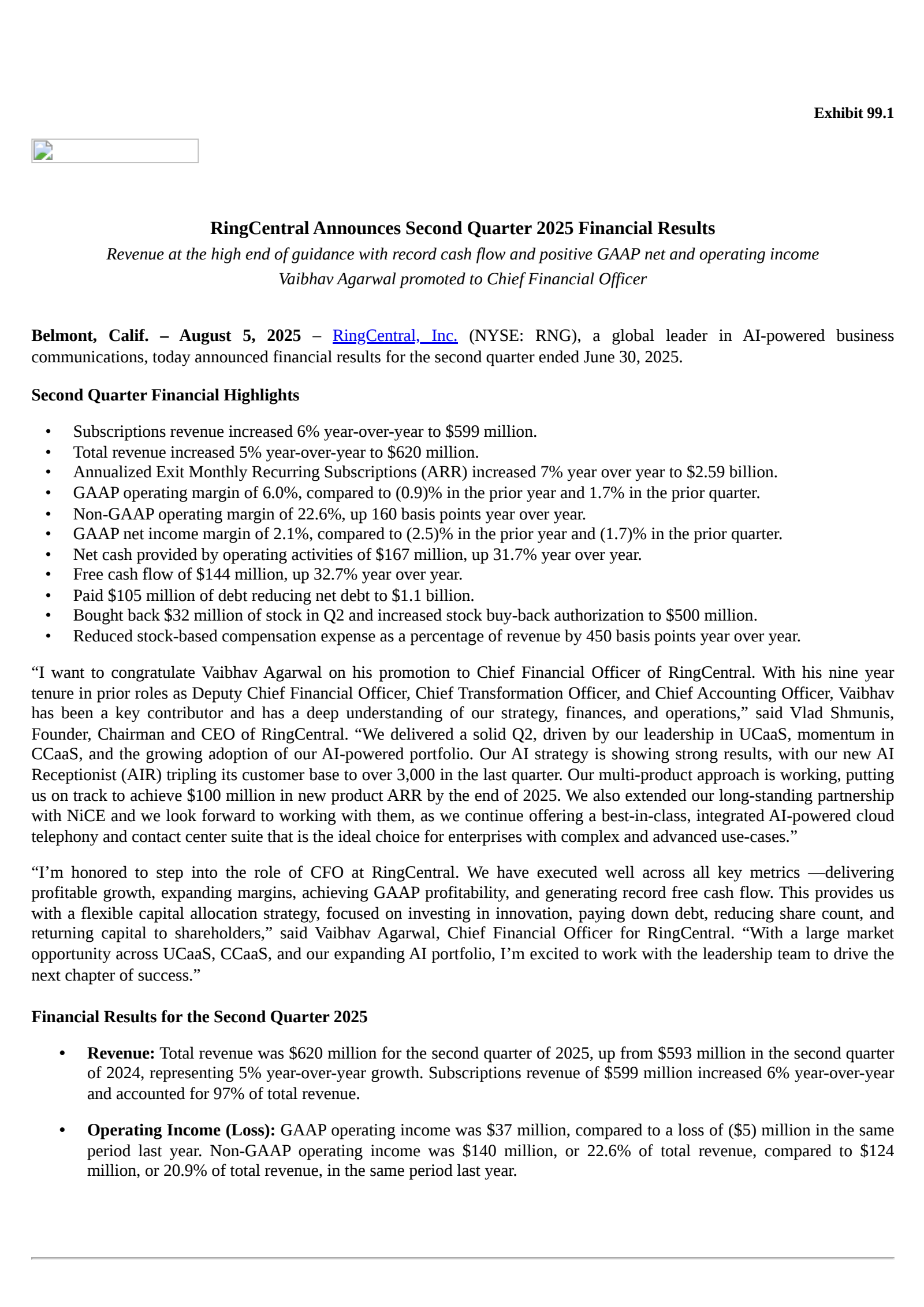 Ringcentral's Q2 2025 Press Release
