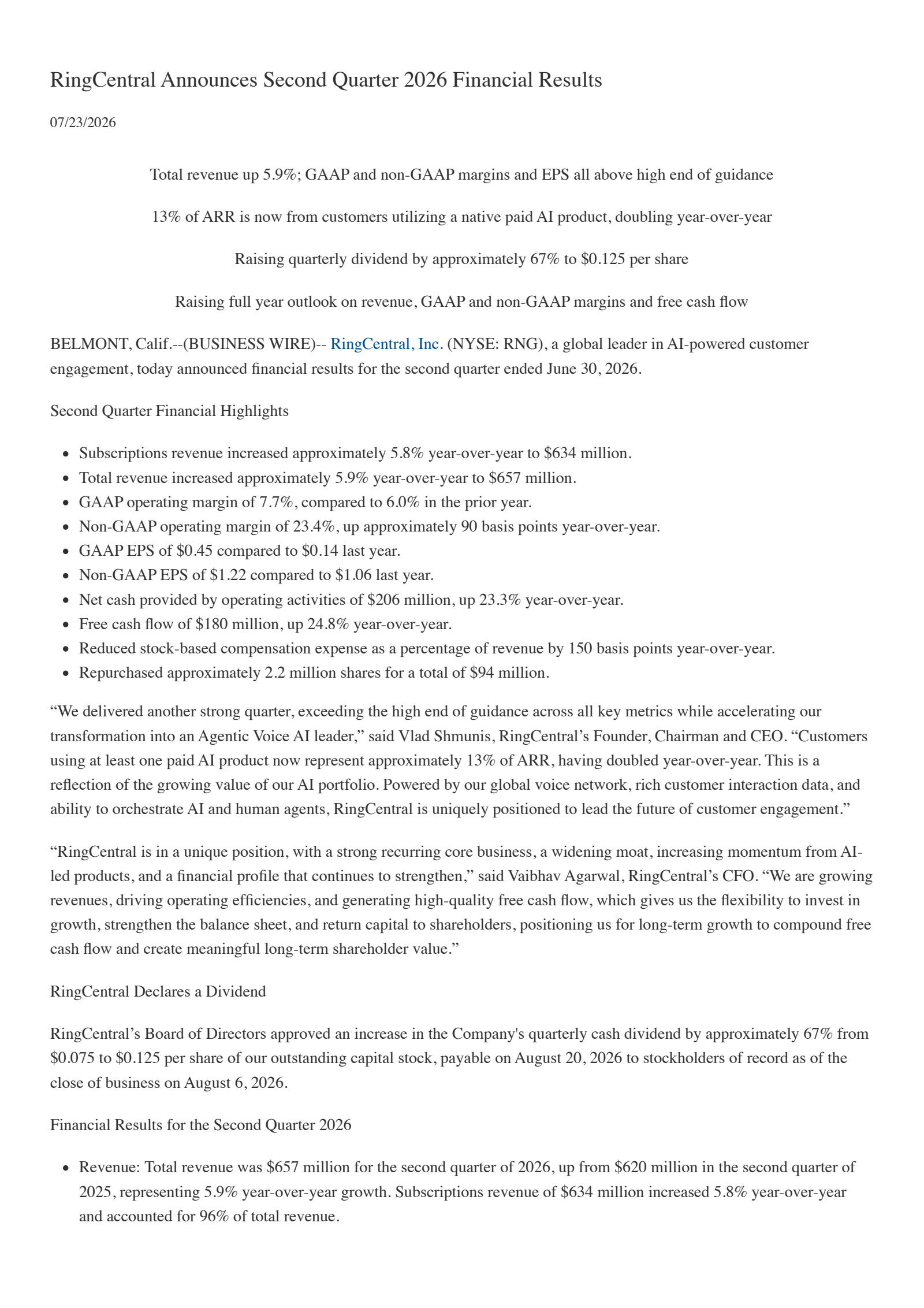 RingCentral's Q2 2026 Press Release