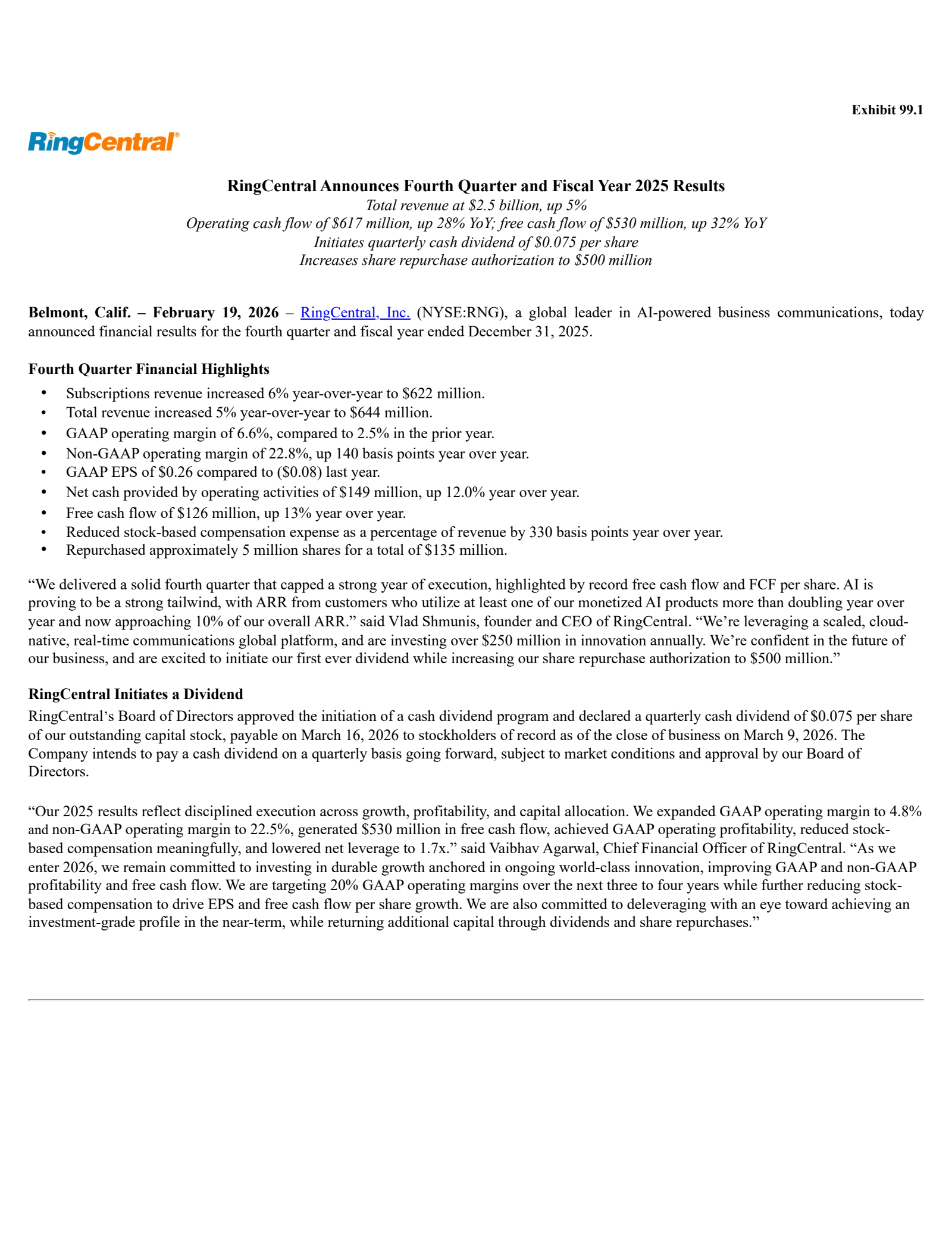 RingCentral's Q4 2025 Press Release